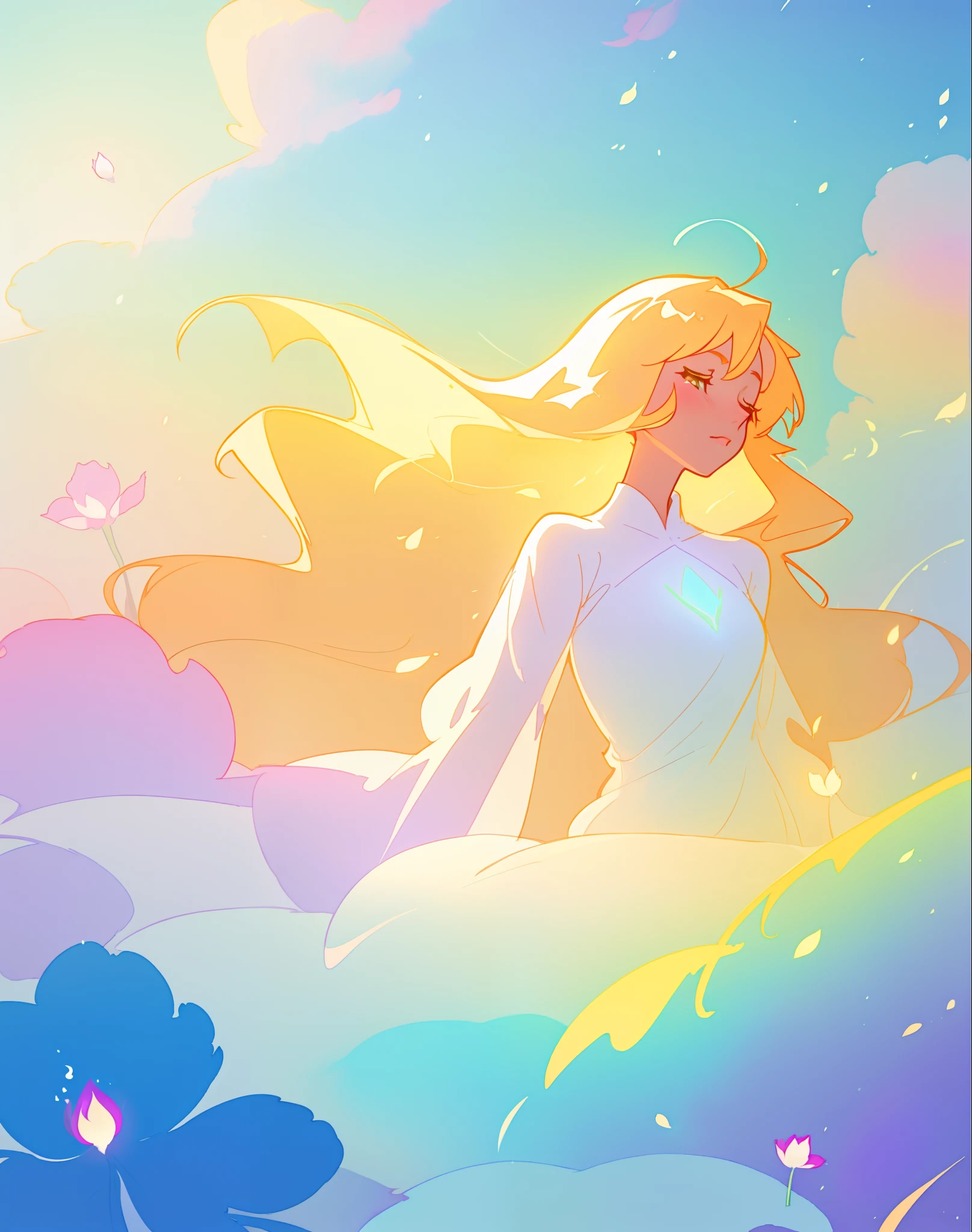 beautiful girl in white dress, fairy dress, long golden hair, watercolor illustration, inspired by Glen Keane, inspired by Lois van Baarle, disney art style, by Lois van Baarle, glowing aura around her, by Glen Keane, jen bartel, glowing lights! digital painting, flowing glowing hair, glowing flowing hair, beautiful digital illustration, fantasia otherworldly landscape plants flowers, beautiful, masterpiece, best quality, anime disney style