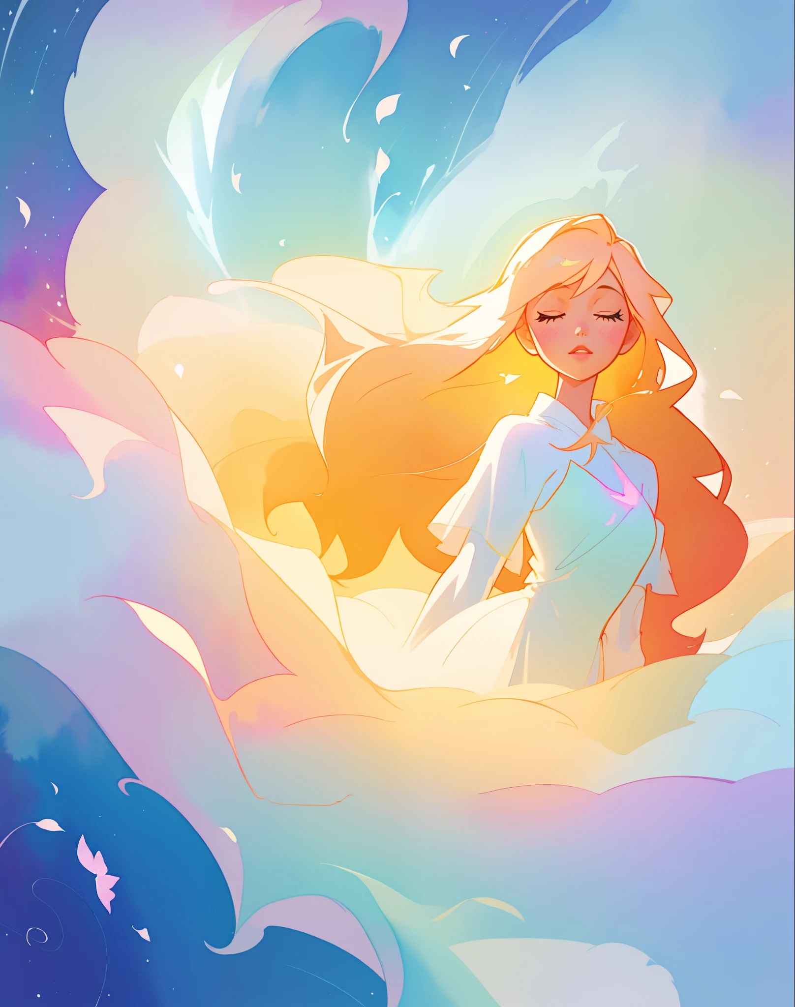 beautiful girl in white dress, fairy dress, long golden hair, watercolor illustration, inspired by Glen Keane, inspired by Lois van Baarle, disney art style, by Lois van Baarle, glowing aura around her, by Glen Keane, jen bartel, glowing lights! digital painting, flowing glowing hair, glowing flowing hair, beautiful digital illustration, fantasia otherworldly landscape plants flowers, beautiful, masterpiece, best quality, anime disney style