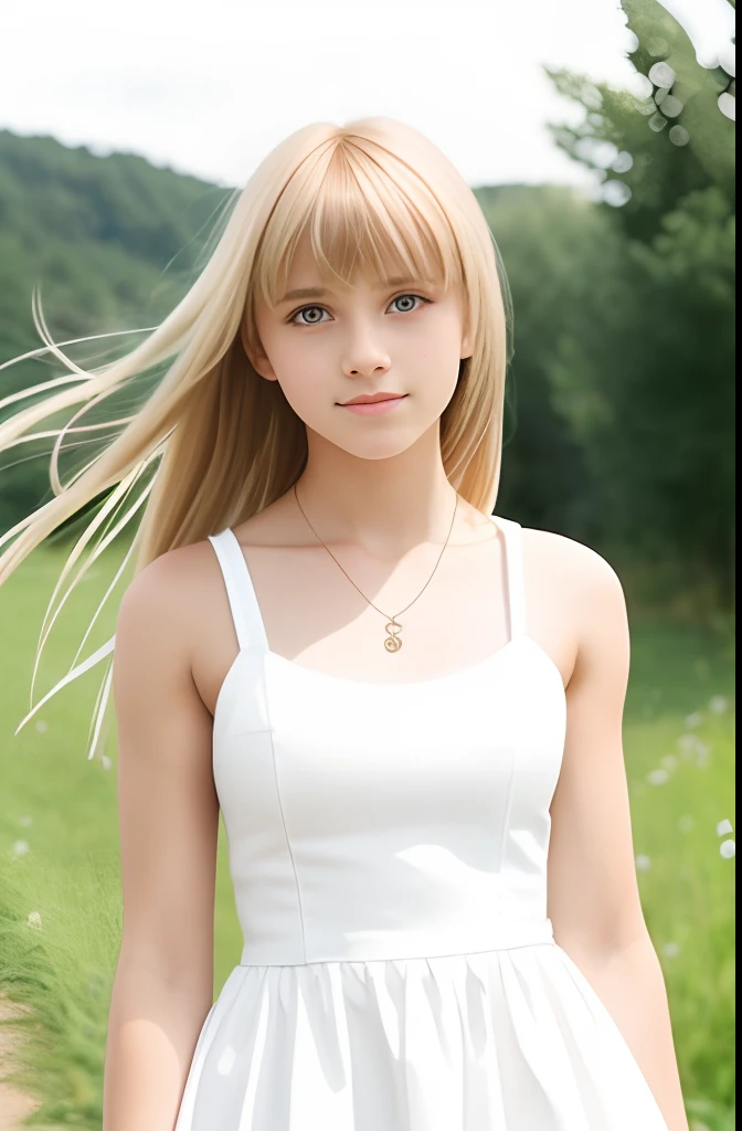 A girl,,european countryside,blonde,bangs bangs,pretty face,thick muscular arms,white dress