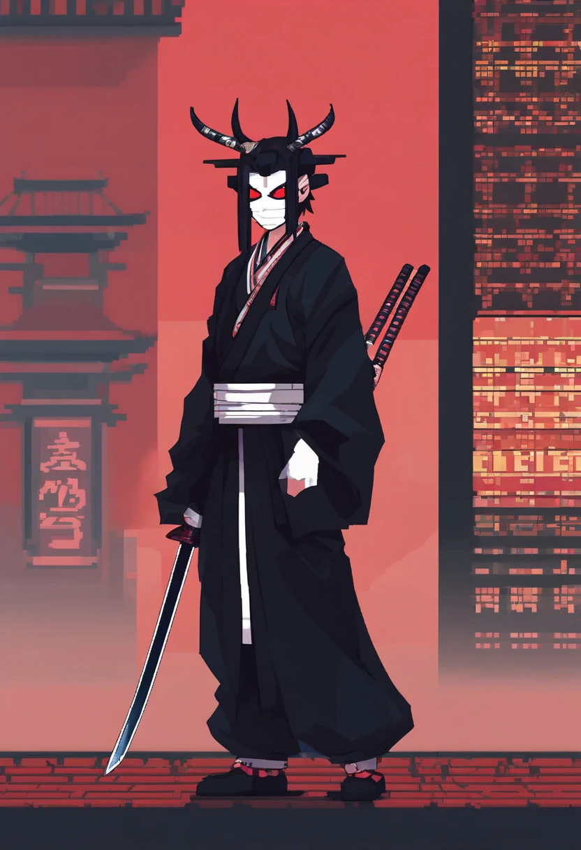 (​masterpiece、top-quality、top-quality)、pixels、Pixel art、full bodyesbian japanese man with demon mask  、katana、black japanese dress