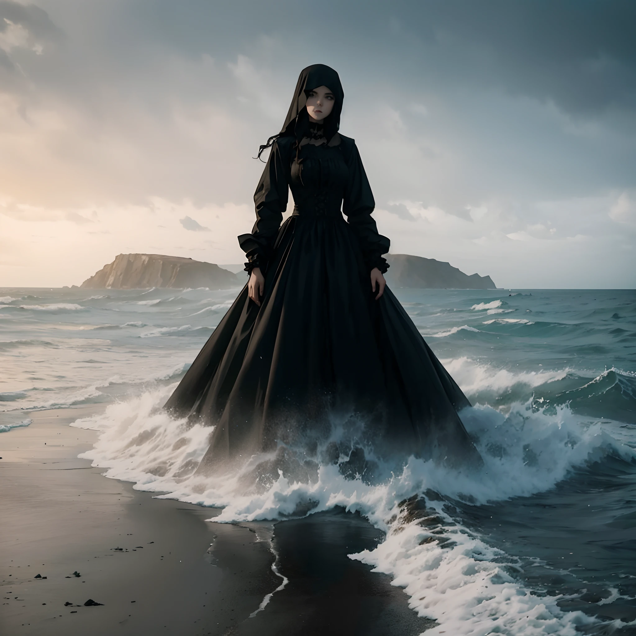 A coast full of fog. A giant girl rises from the sea. She is wearing a black gothic dress. Sandy beach. hill. Cloudy sky.