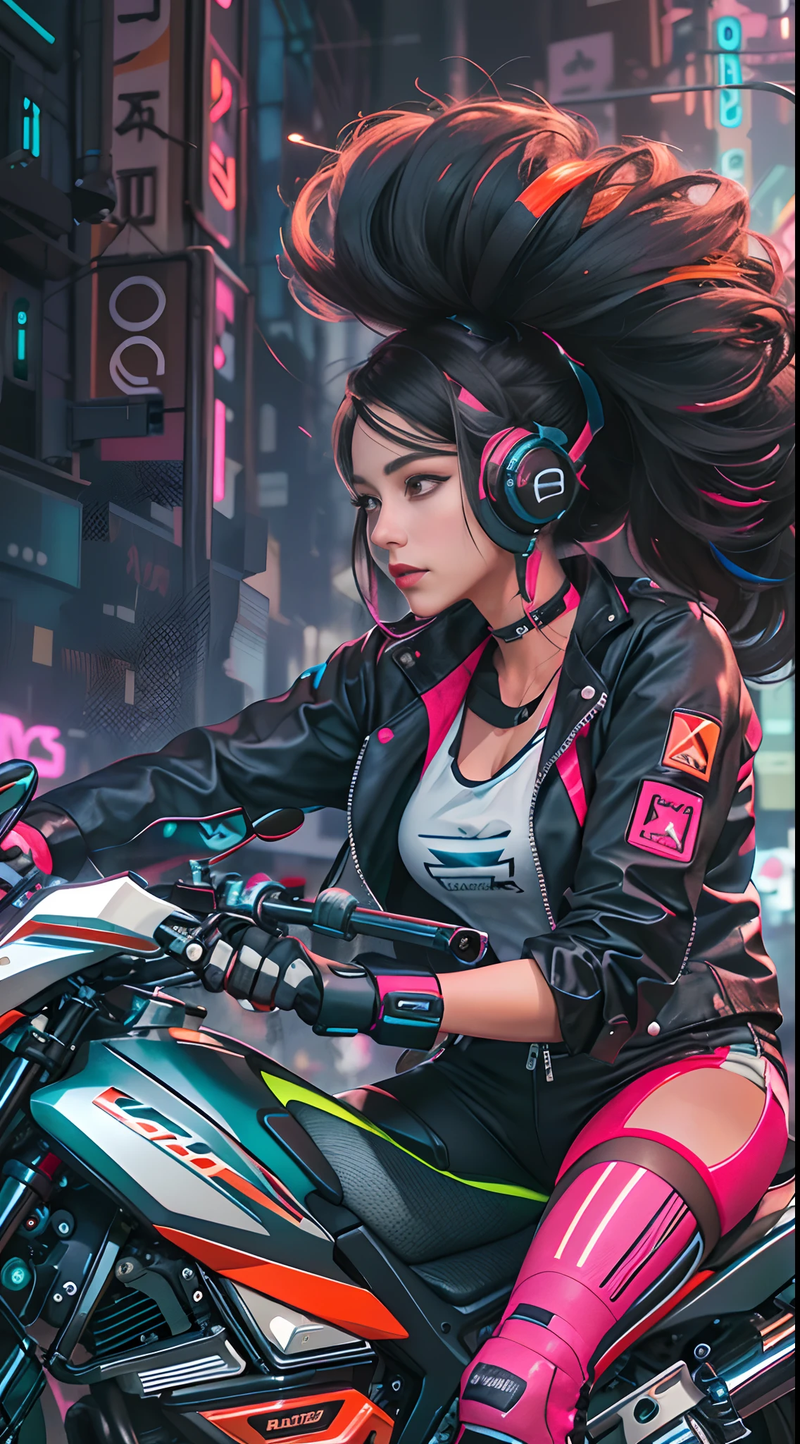 It generates a striking image of a girl with a confident attitude riding a motorbike in a cyberpunk urban environment. La chica debe estar vestida con atuendos llamativos y modernos, with vibrant colors and unique patterns. Su peinado debe ser innovador y su maquillaje vibrante. El fondo debe incluir rascacielos, neon signs, luces LED y un esquema de colores brillantes y vivos, creando un ambiente futurista y llamativo. La imagen debe ser ultra detallada, paying special attention to the details of the bike, la ropa y la apariencia de la chica."