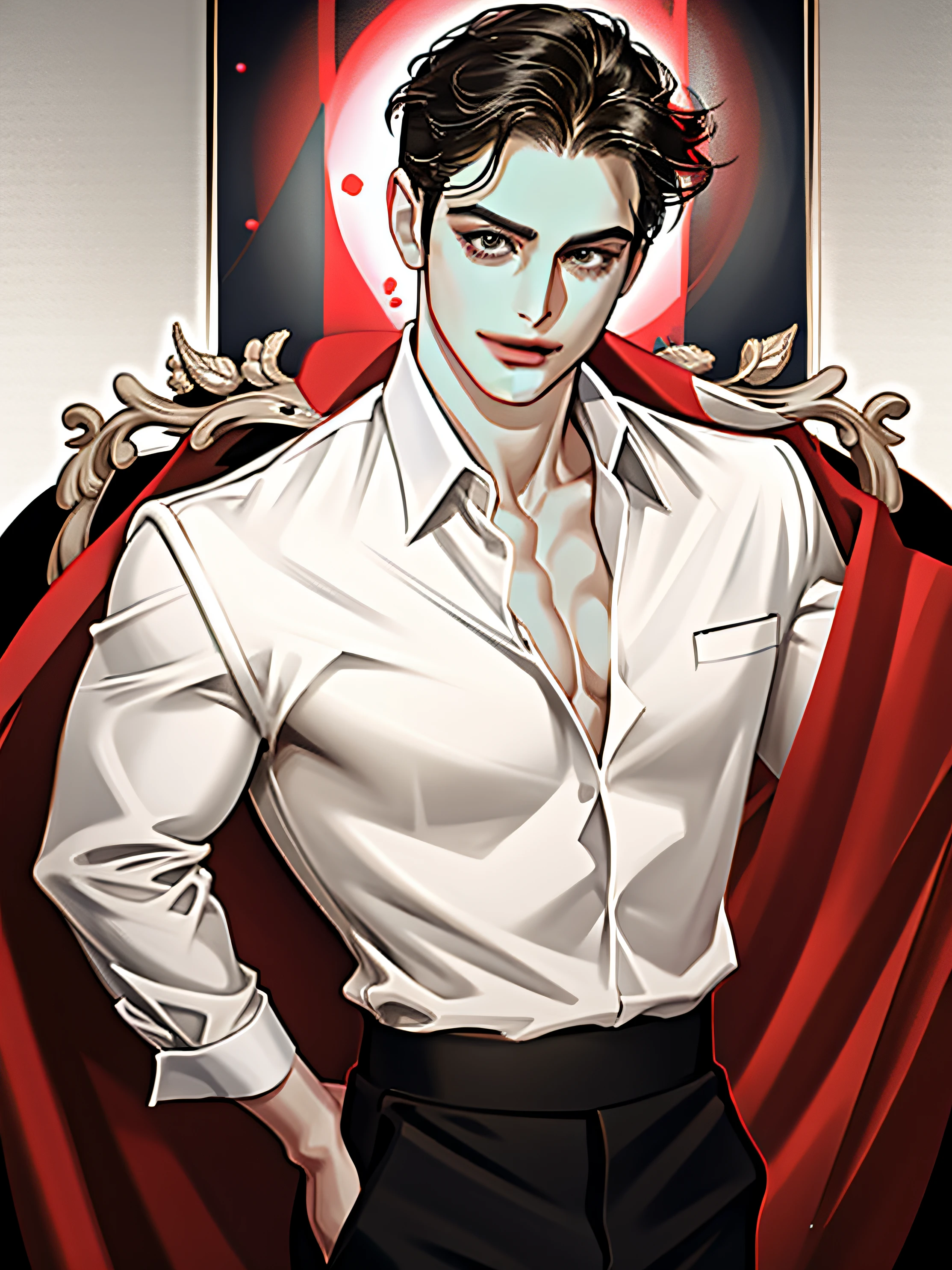 (masterpiece, best quality), 1 male, mature, tall muscular guy, broad shoulders, thin waist, finely detailed eyes and detailed face, extremely detailed CG unity 8k wallpaper, intricate details, rich, celebrity, famous, short hair, black hair, brown eyes, big bulge, white dress shirt, tight dress pants, handsome, cocky smile, posing on a red carpet.