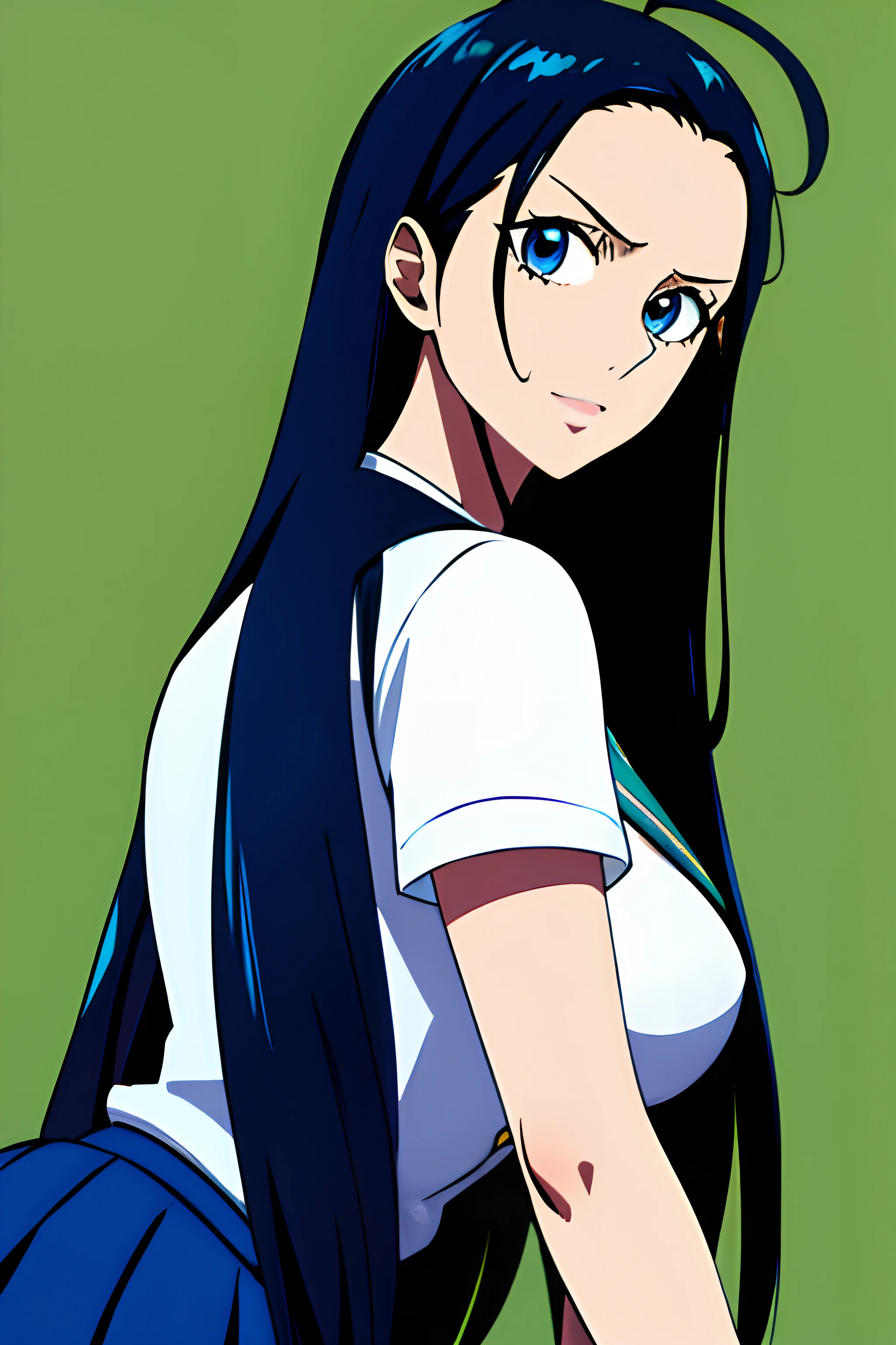 masterpiece, best quality, highres, best quality, highres, Nico Robin, 1girl, long hair, school uniform, black hair, ahoge, blue eyes, large breasts, very long hair, breasts,