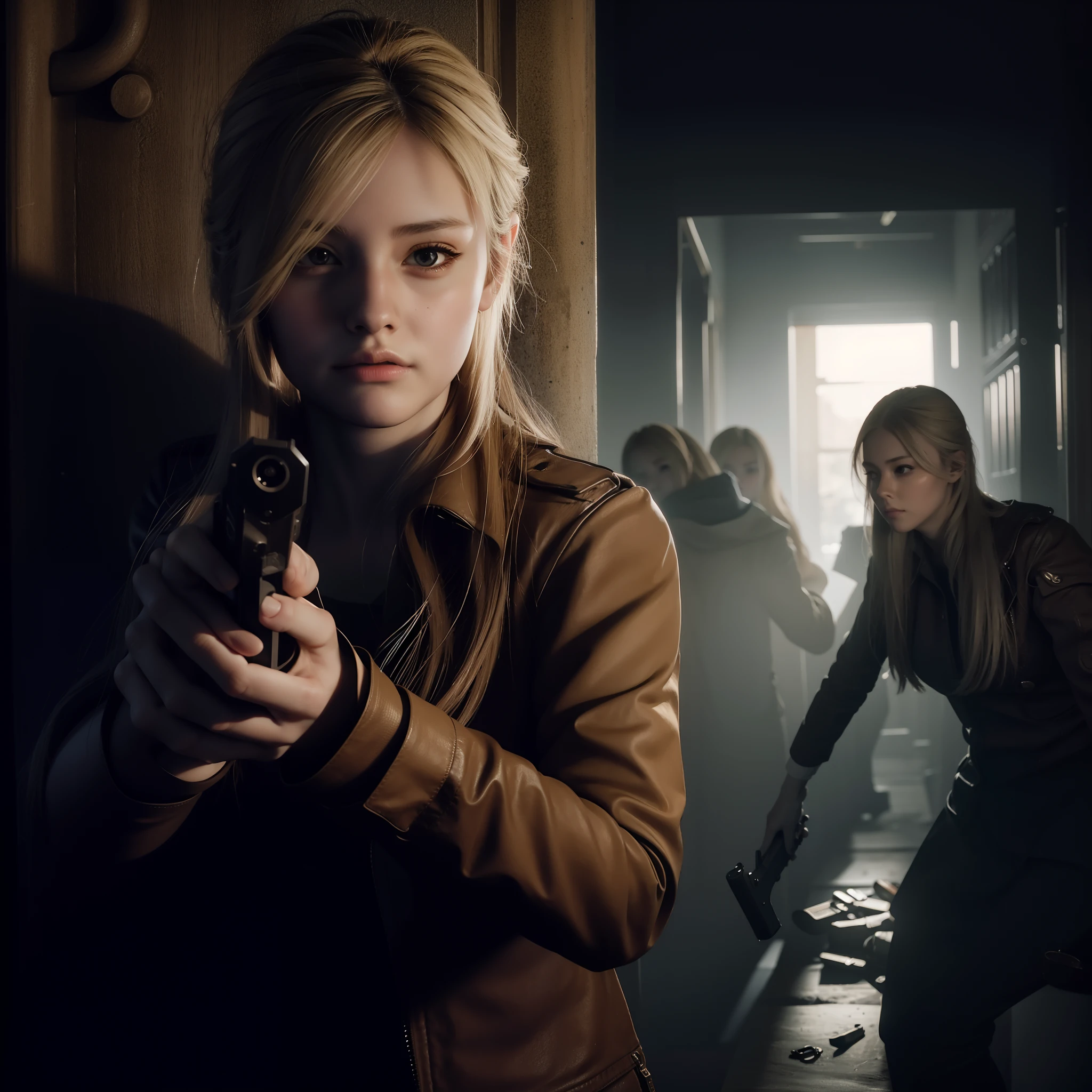 Perfect female, beautiful face, long blonde hair, holding a gun