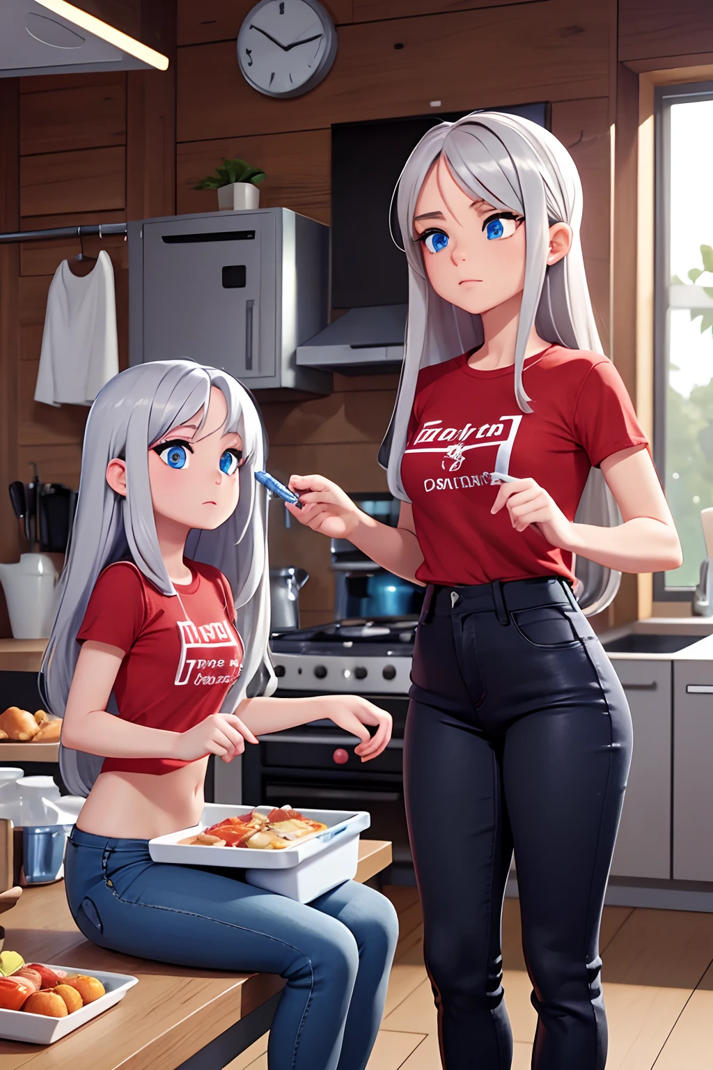 two pretty girls in a kitchen, casual style, tee shirt, tank top, jean's, shorts, wide hips, big boobs, (glasses:0.25), chair, table, fruit, bottle, food, (best quality:0.75), (3d:0.75), (realistic:0.25), (masterpiece:0.75),    <lora:AtomicHips2:1>, <lora:add_detail:1>