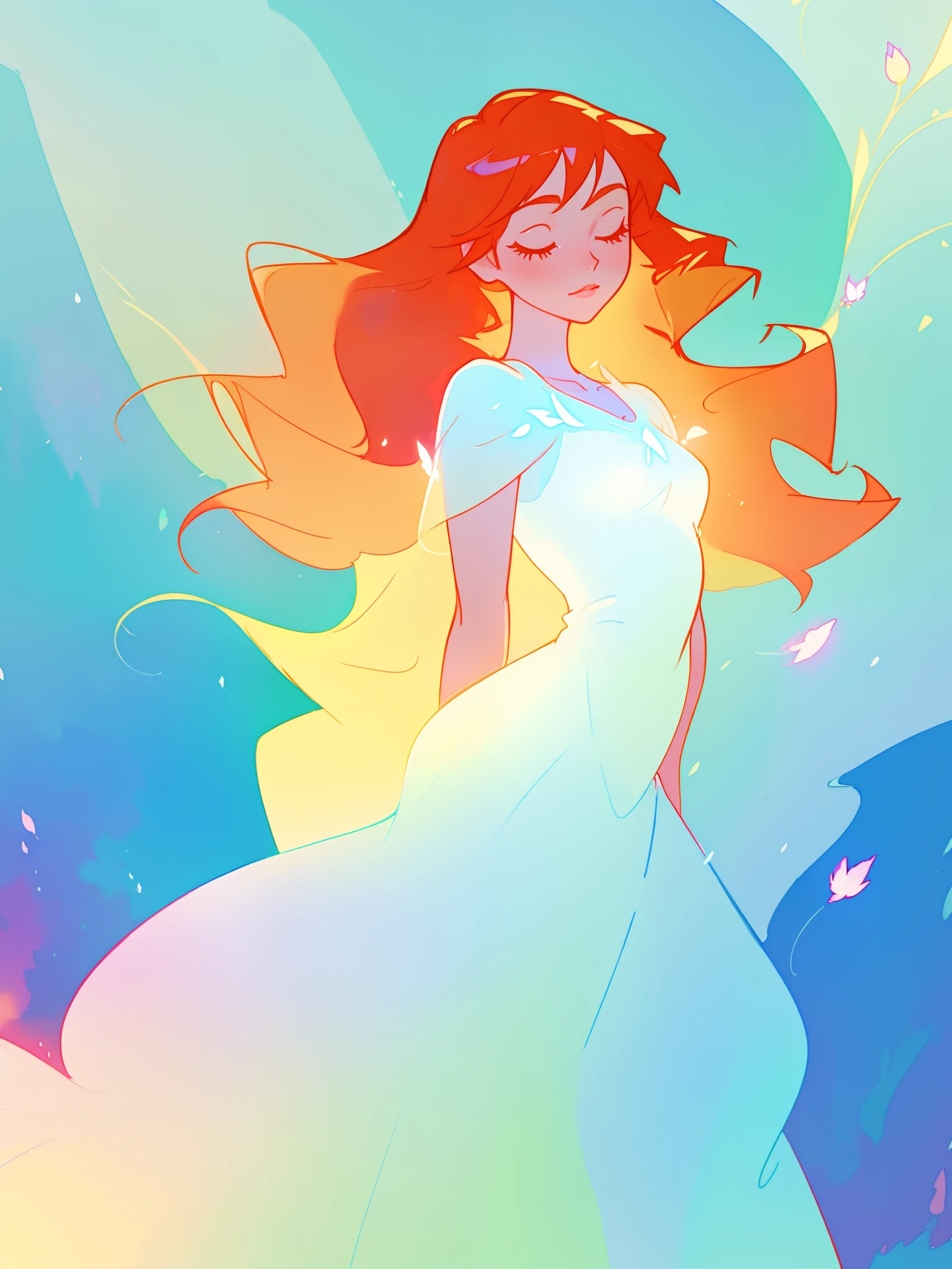 beautiful girl in white dress, fairy dress, long wavy golden red hair, watercolor illustration, inspired by Glen Keane, inspired by Lois van Baarle, disney art style, by Lois van Baarle, glowing aura around her, by Glen Keane, jen bartel, glowing lights! digital painting, flowing glowing hair, glowing flowing hair, beautiful digital illustration, fantasia otherworldly landscape plants flowers, beautiful, masterpiece, best quality, anime disney style
