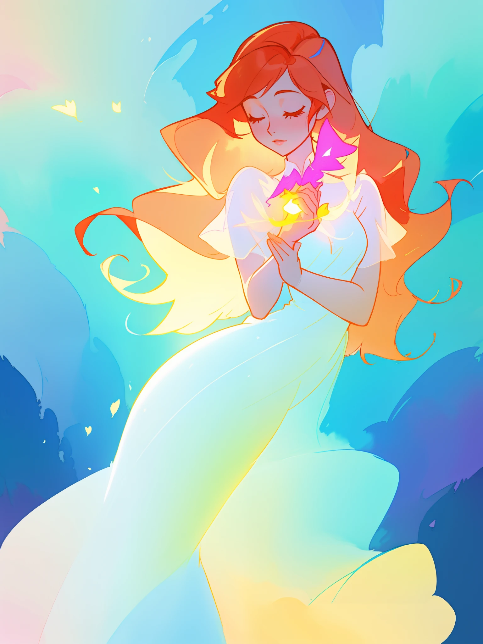 beautiful girl in white dress, fairy dress, long wavy golden red hair, watercolor illustration, inspired by Glen Keane, inspired by Lois van Baarle, disney art style, by Lois van Baarle, glowing aura around her, by Glen Keane, jen bartel, glowing lights! digital painting, flowing glowing hair, glowing flowing hair, beautiful digital illustration, fantasia otherworldly landscape plants flowers, beautiful, masterpiece, best quality, anime disney style