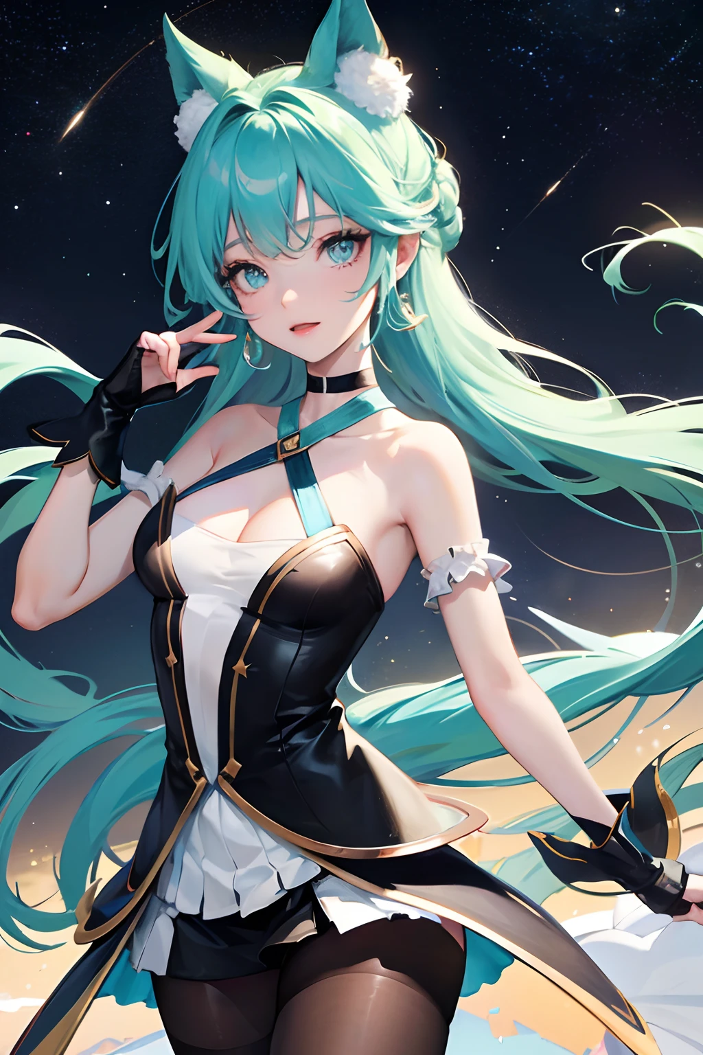 young girl, long turquoise hair, turquoise eyes, cat ears, Smile, black chinese tight top, upskirt, Masterpiece, hiquality