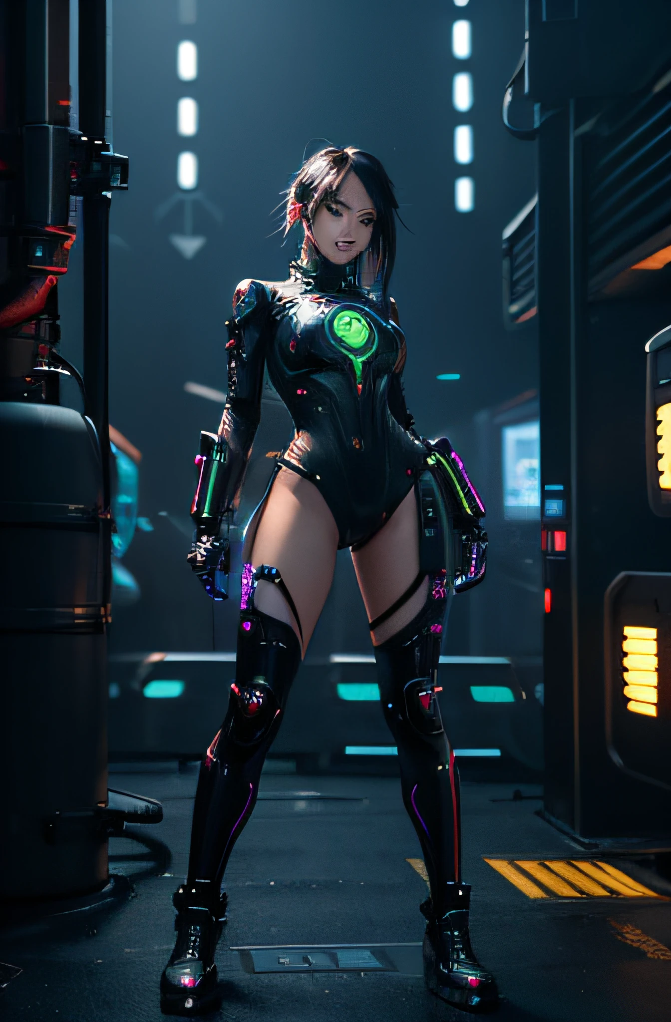 Incredible exposure、Mechanical body parts、Futuristic 8K resolution、Creative work:1.4、Innovative full-body depiction of cyberpunk beauties:1.5、cyber punk style、Cyber Neon Glow、The beauty of the future:1.3、Cyber technology meets humans、amazing detail、A unique visual experience。
