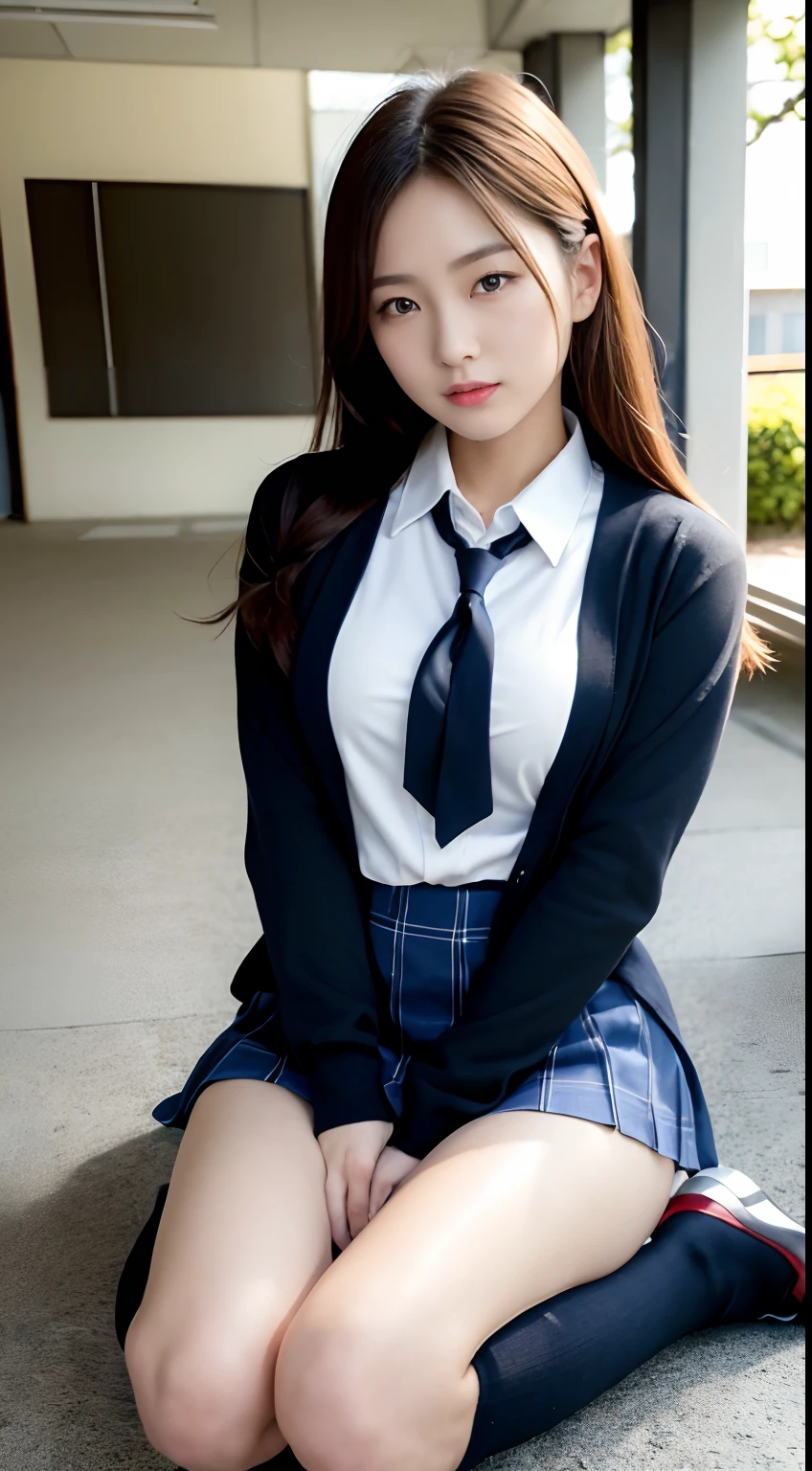 mix4, (16 K, Raw photography, Top image quality, masterpiece: 1.45), (realisitic, Photorealsitic: 1.37), one girls, cute little, A city scape,, profetional lighting, photon maping, School Grounds, physically-based renderingt, dark brown hair,pony tail hairstyle, a handsome, Well-groomed and beautiful eyes、二重まぶた、girl with, (((School Uniform Blazer、Long sleeve shirt worn by Japan high school girl、Cardigan、neck tie、Dark blue mini skirt,、Dark blue socks、Black loafers))), Top Quality Photos, hight resolution, 1080p, (clearface), (Detailed face description), (Detailed hand description), (masterpiece), (Exquisite CG)、extreme light and shadows、dishevled hair、master work、abundant detail、(Fine facial features)、(top quality photo)、(masuter piece)、(A detailed eye)、Look in front of you、Fine clavicle、((Slender big))、(((Japan schoolgirl wears a long-sleeved shirt)))、((Neat and clean idol))、((school ground、Entrance to the school building、In front of the school gate))、(Shooting from random perspectives)、(((Anyway cute)))、耳Nipple Ring、A big smile、Drawing the whole body from the knees、Do not draw nasolabial folds、(((Sports bags used by Japan schoolgirls)))、(Big breasts that hang down big:1.2)、Big buttocks with tension、Two arms and two legs、(((from the front side:0.4)))、bare hand、Left and right symmetrical eyes、