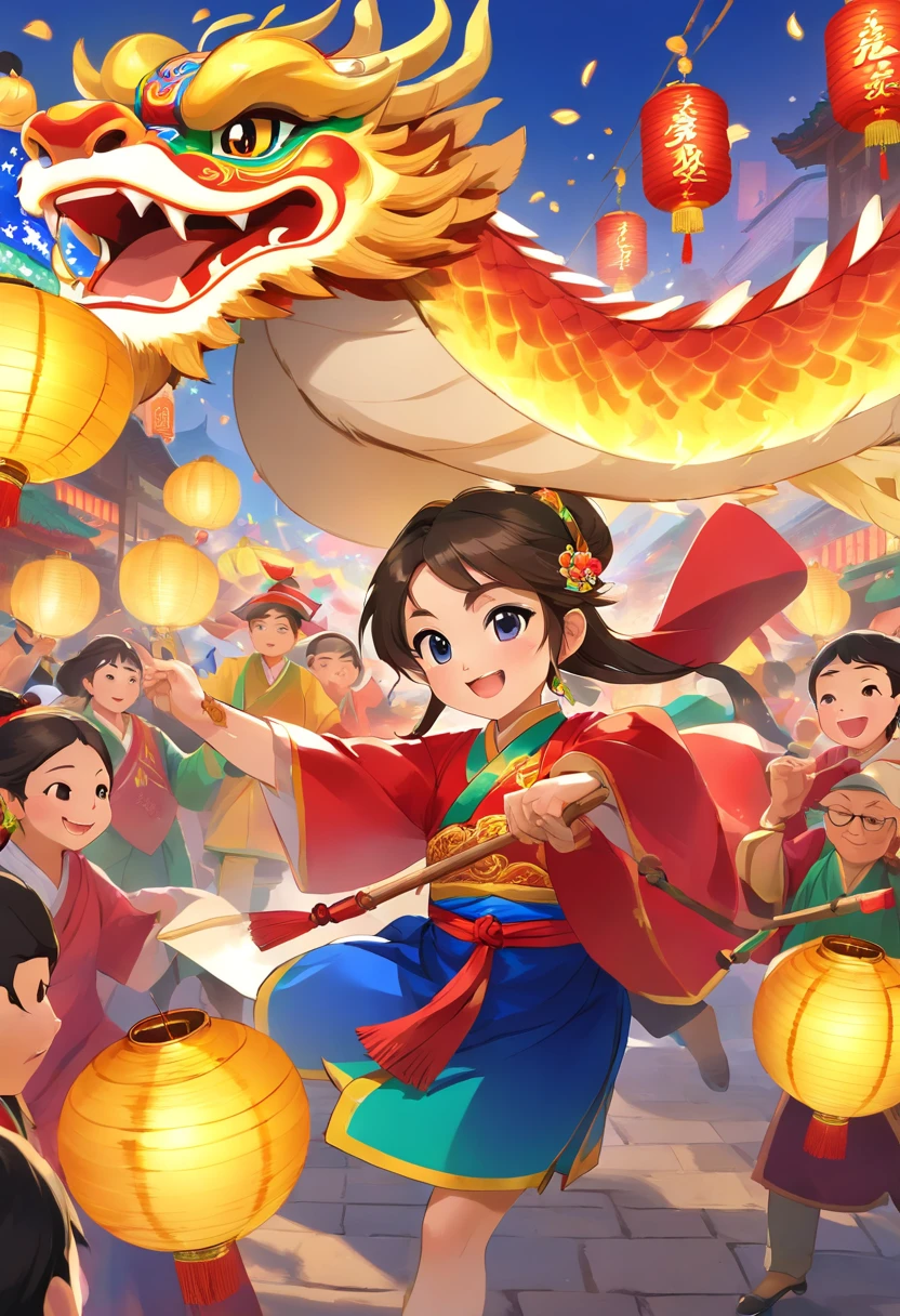 (Best quality,4K,8K,A high resolution,Masterpiece:1.2),Ultra-detailed,(Realistic,Photorealistic,photo-realistic:1.37),Gaze upwards,Spring festival,Minions dressed in traditional Chinese costumes perform dragon dances,Lanterns lit on both sides,Energetic fireworks,Traditional customs,A lively celebration,a joyful atmosphere,Dynamic movements,Colorful costumes,Elaborate dragon props,Traditional music and drums,Dim lantern lights,Uplifting holiday spirit,Happy faces,Rhythmic and coordinated dance,Traditional patterns and embroidery on clothes,Lively bustling crowds,Streets decorated with festive decorations,Colorful fireworks display,The sound of drums echoing in the background,Vivid and diverse colors,Dragon dance in the distance,Traditional Chinese elements,Auspicious symbols,Prosperity and good luck,Exquisite lantern design,Big stage,Excitement and anticipation in the air,Lively expressions and gestures,A kaleidoscope of colors,traditional rituals,Auspicious blessings and blessings,Majestic lion dance formation,Dramatic stunts and acrobatics,Warm applause and cheers,A well-choreographed performance,A captivating visual spectacle,Cultural heritage and traditions,Community gatherings and celebrations,A lively and festive atmosphere,A festive soundtrack to accompany the show