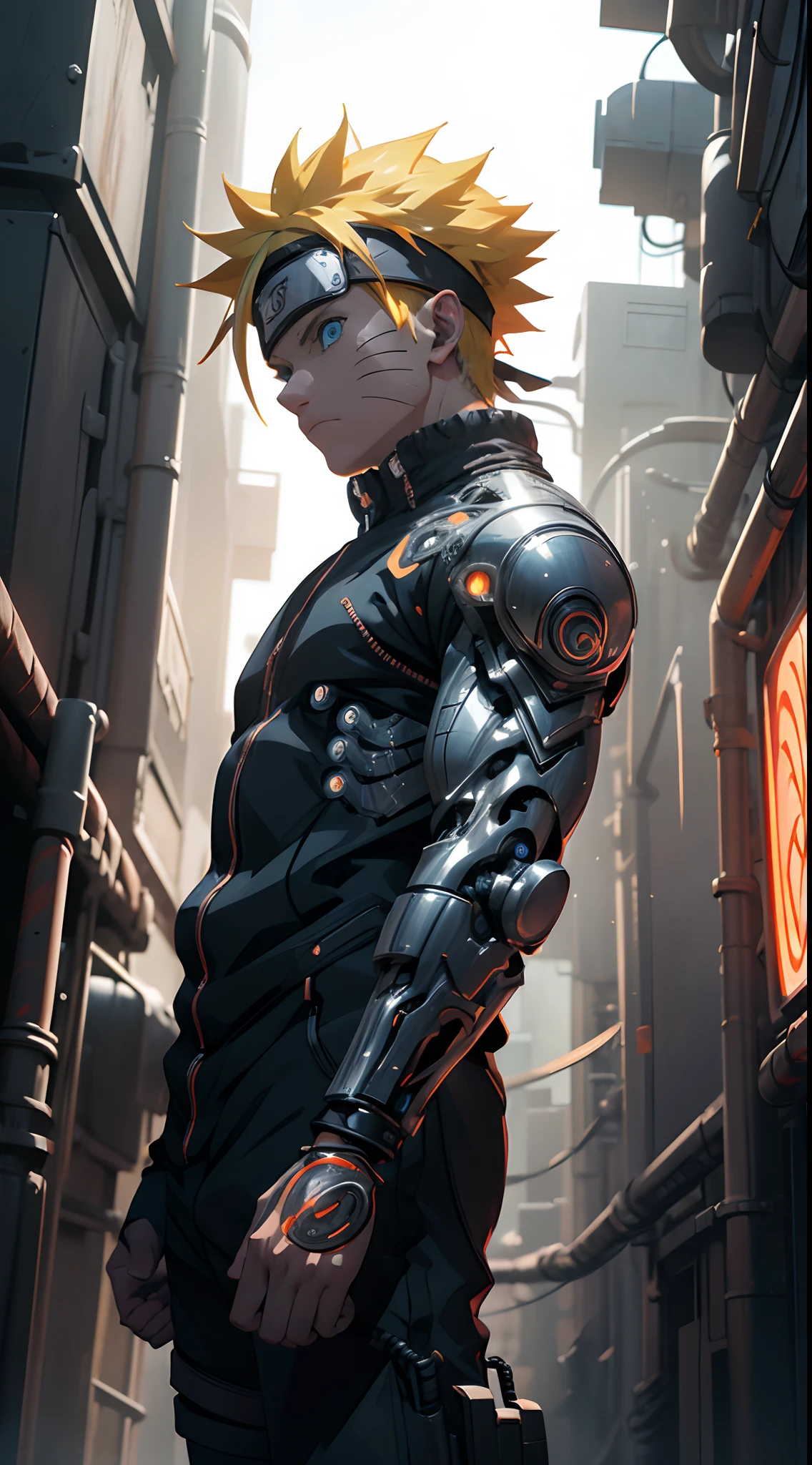 Masterpiece, Naruto cyborg mode, look at the viewer, full mechanical body, intricate details, advanced technology, Orange lightning, detailed armor, bionic enhancements, neon lights, vivid colors,  contrasting shadows, Blue eyes, urban setting, nighttime backdrop, high contrast lighting, bold lines, blurring effects, ultra-realistic, 4k resolution