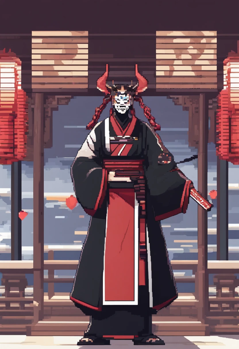 (masterpiece、top-quality、top-quality)、pixels、Pixel art、full bodyesbian japanese man with demon mask 、katana、black japanese dress