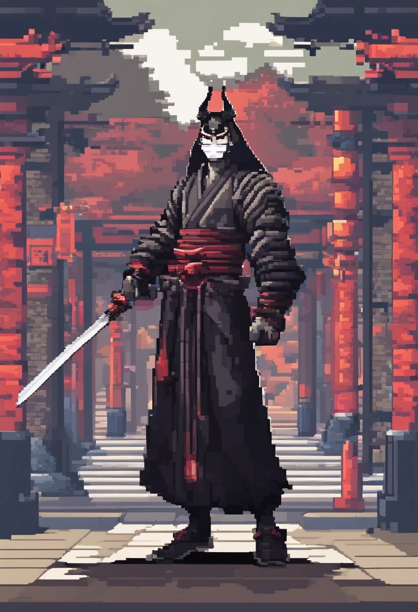 (masterpiece、top-quality、top-quality)、pixels、Pixel art、full bodyesbian japanese man with demon mask 、katana、black japanese dress