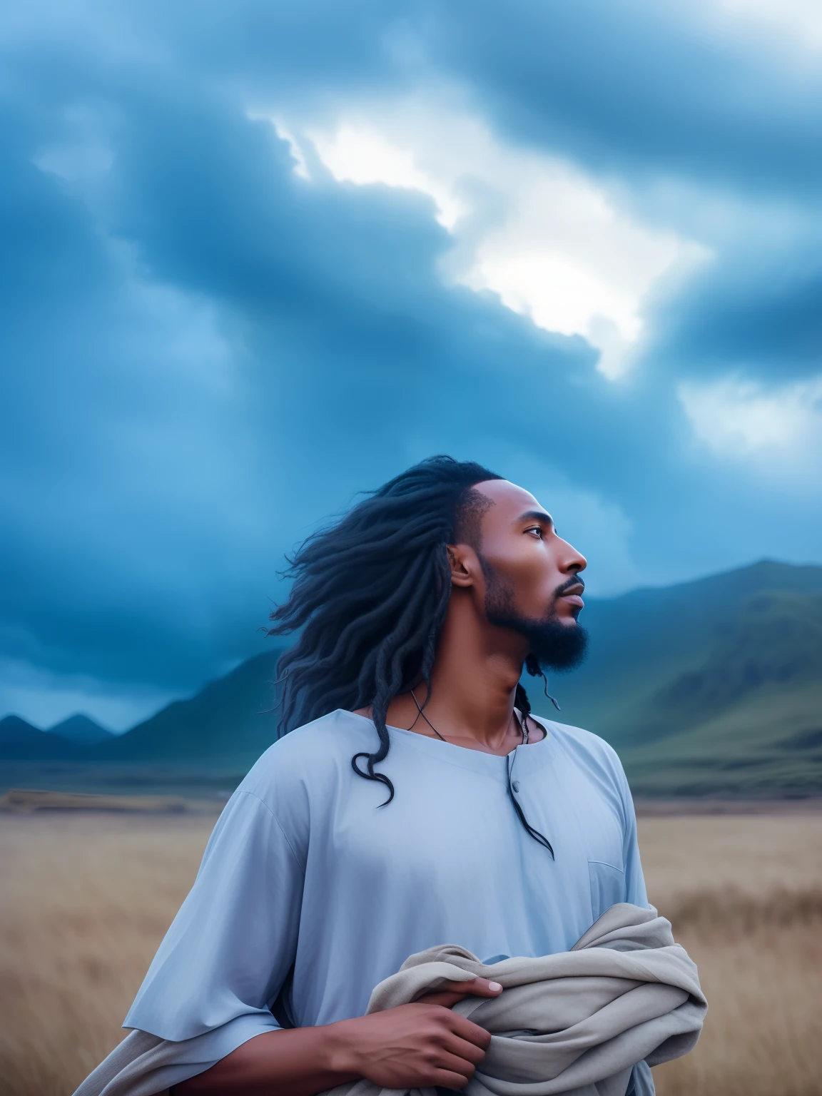 there is a man with a long hair standing in a field, the sea and storms behind him, atmospheric portrait, dramatic portraiture of namenlos, portrait shot 8 k, dramatic portraiture of uuen, standing in front of a mountain, matte painting portrait shot, a still of an ethereal, east african man with curly hair, in a vast serene landscape