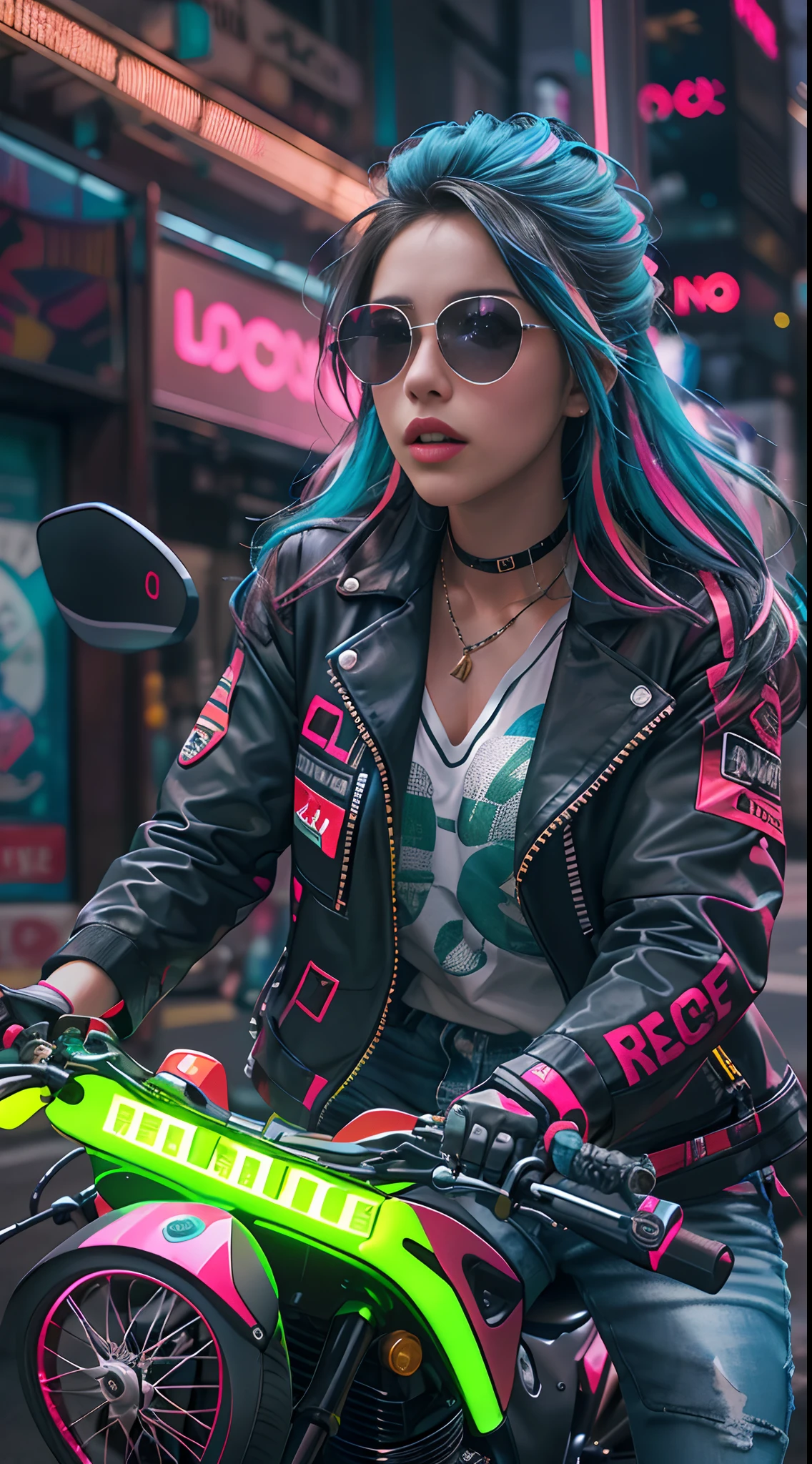 It generates a striking image of a girl with a confident attitude riding a motorbike in a cyberpunk urban environment. La chica debe estar vestida con atuendos llamativos y modernos, with vibrant colors and unique patterns. Su peinado debe ser innovador y su maquillaje vibrante. El fondo debe incluir rascacielos, neon signs, luces LED y un esquema de colores brillantes y vivos, creando un ambiente futurista y llamativo. La imagen debe ser ultra detallada, paying special attention to the details of the bike, la ropa y la apariencia de la chica."