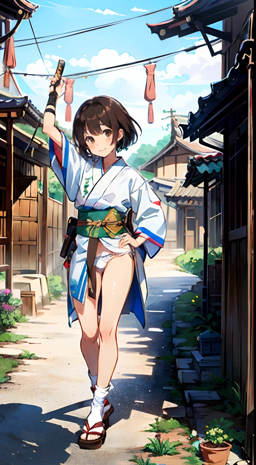 {{{masterpiece}}}, {{{best quality}}}, {{ultra-detailed}}, {illustration}, {{an extremely delicate and beautiful}},(Edo townscape),1girl, cute girl, solo, japanese clothes, short hair, weapon, sword, brown eyes, looking at viewer, kimono,(Clothes come off:1.5), brown hair, lips, hand on hip, sheath, smile,( katana:1.2), black hair, full body, closed mouth, sheathed, hand up,(upskart:1.5),(white panties:1.2)
