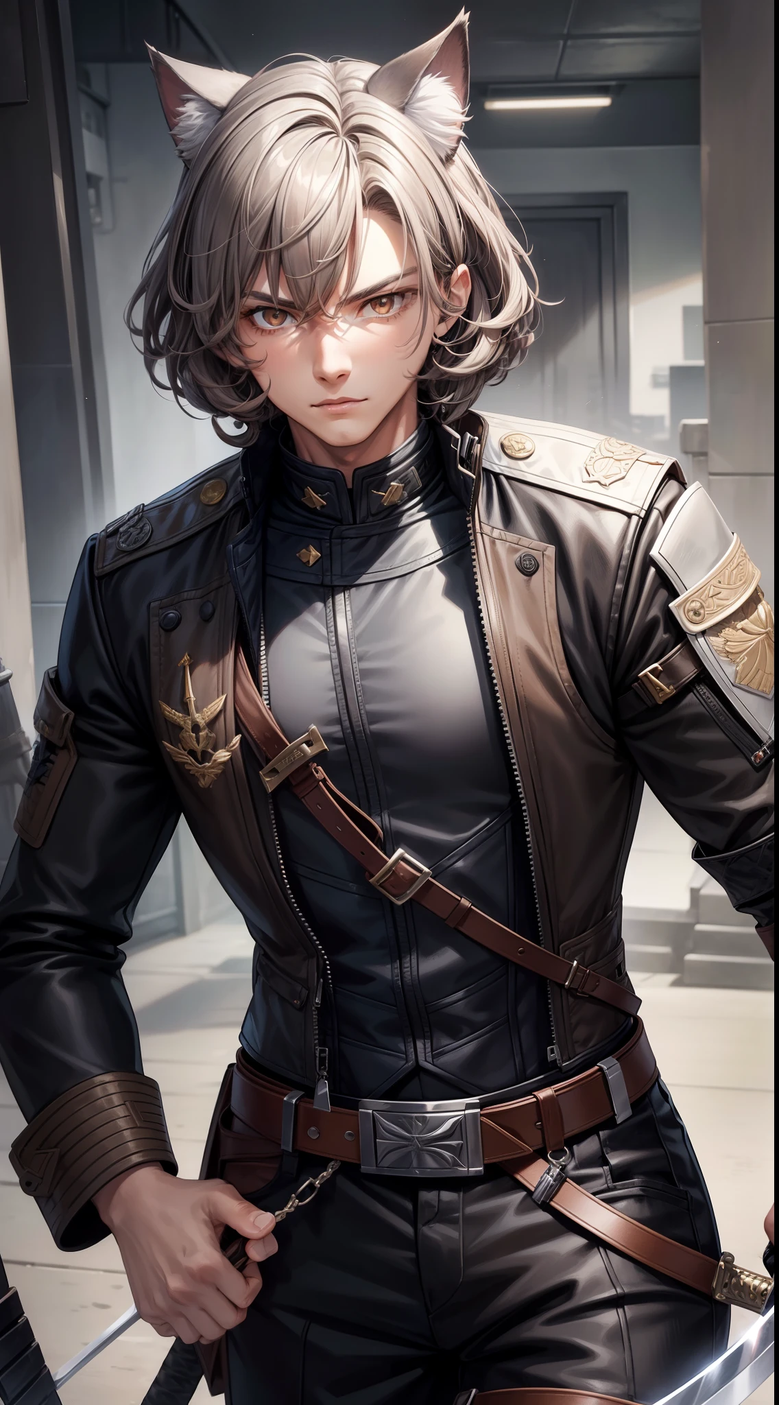 Young guy, gray curly hair, Bob hairstyle, brown eye, cat ears, Grey Combat Jacket, breeches, claws, fiery sword, Masterpiece, hiquality, 4k, HD, Good detail