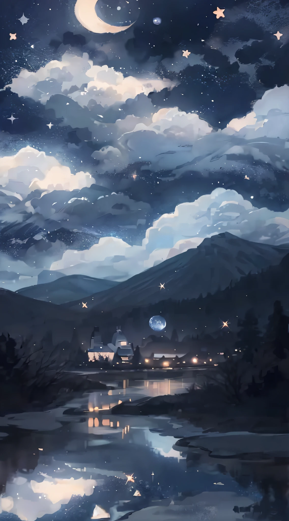 starry night sky with a river and a mountain in the background, concept art inspired by Tosa Mitsuoki, Artstation contest winner, magical realism, painting of a dreamscape, blurred and dreamy illustration, calm night. digital illustration, dreamy illustration, moonlit starry sky environment, blurry and dreamy illustration, dreamy art, dreamy night, dreamlike digital painting