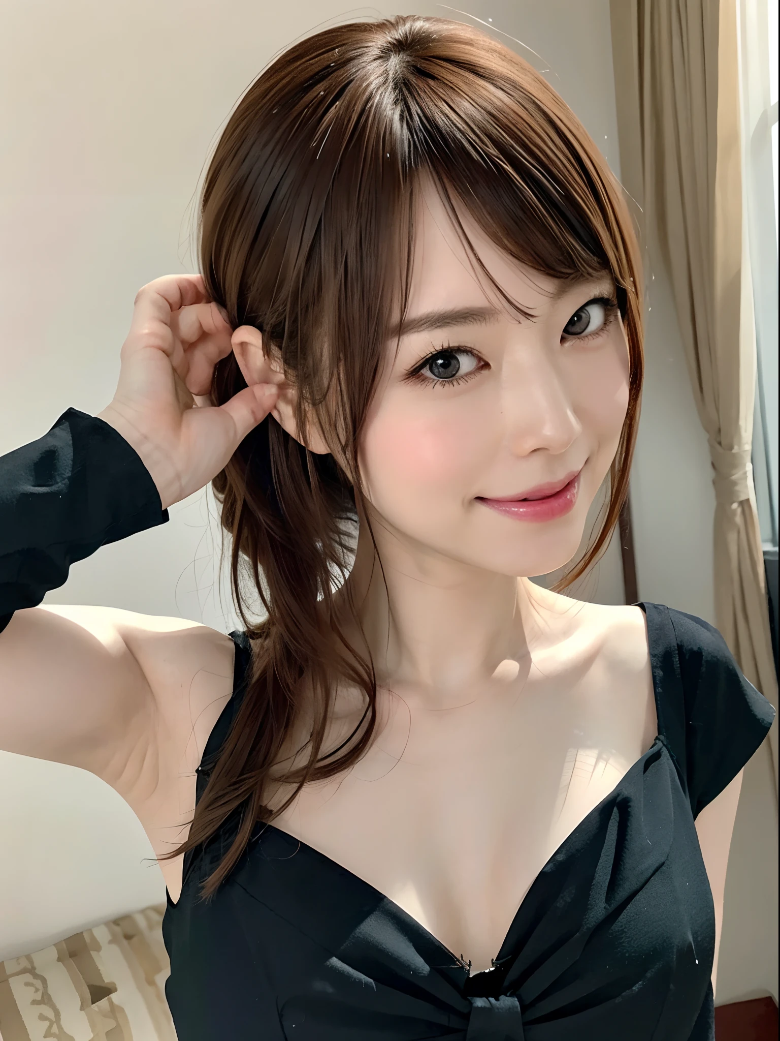 Ultra-realistic capture, Highly detailed, High resolution 16k close-up of human skin. Skin texture must be natural, Detailed enough to finely identify pores. Skin should look healthy, Frontal shot of a girl、Brown-eyed、The nipple is visible 、Looking at the camera、Look at viewers、Armpit、room at night、simple background、goddess of Japan、From above、A smile:0.5、embarrassed from、red blush、((Black Dress))、Slender face、slender physique