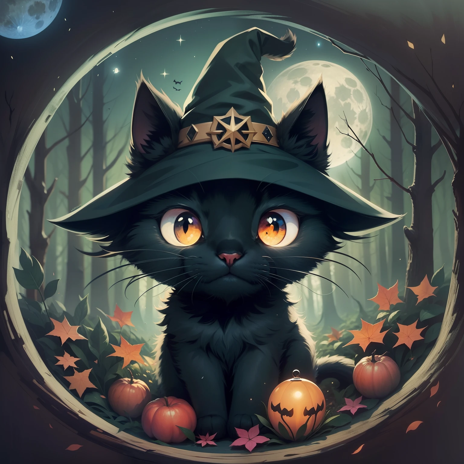 A cute black cat sticker, blue eyes, a cute witch, a full moon, a deep forest, and a mysterious image. It's night but it's bright