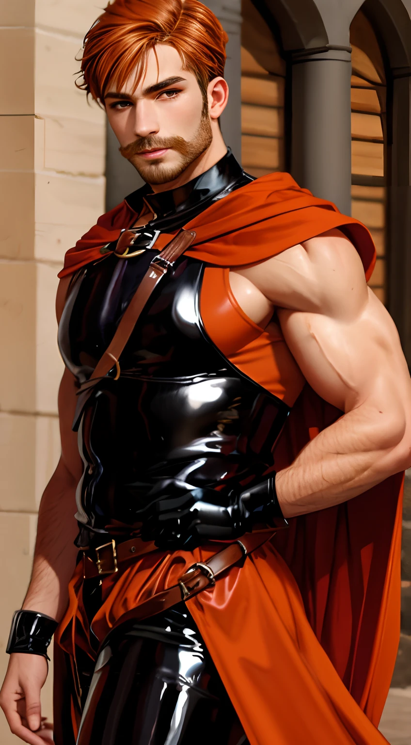 Muscular men, medieval clothing, short hair, young adult, dark orange hair, very short hair, dark hair, short beard, mustache, black and red clothing, latex rubber