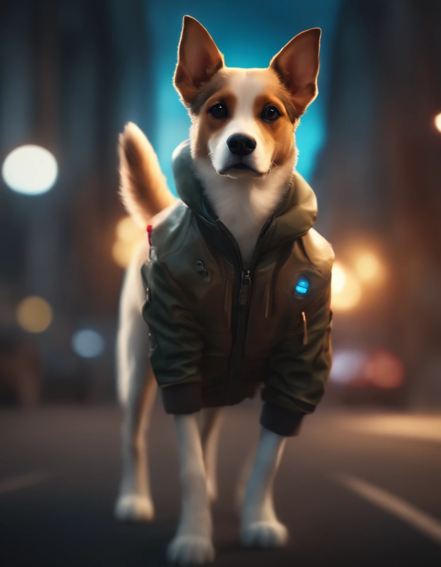 ((Best quality, 8K, Masterpiece: 1.4)),((Amazing detail: 1.3)),((illustration, Hairstyle Casual: 1.2)),((high resolution: 1.1)), A cute dog standing, headset on head, Tactical coat, Fashionab, Soft light, Colorful, Depth of field, Cinematic lighting, From below, Anatomically correct, Amazing art of painting, No Man