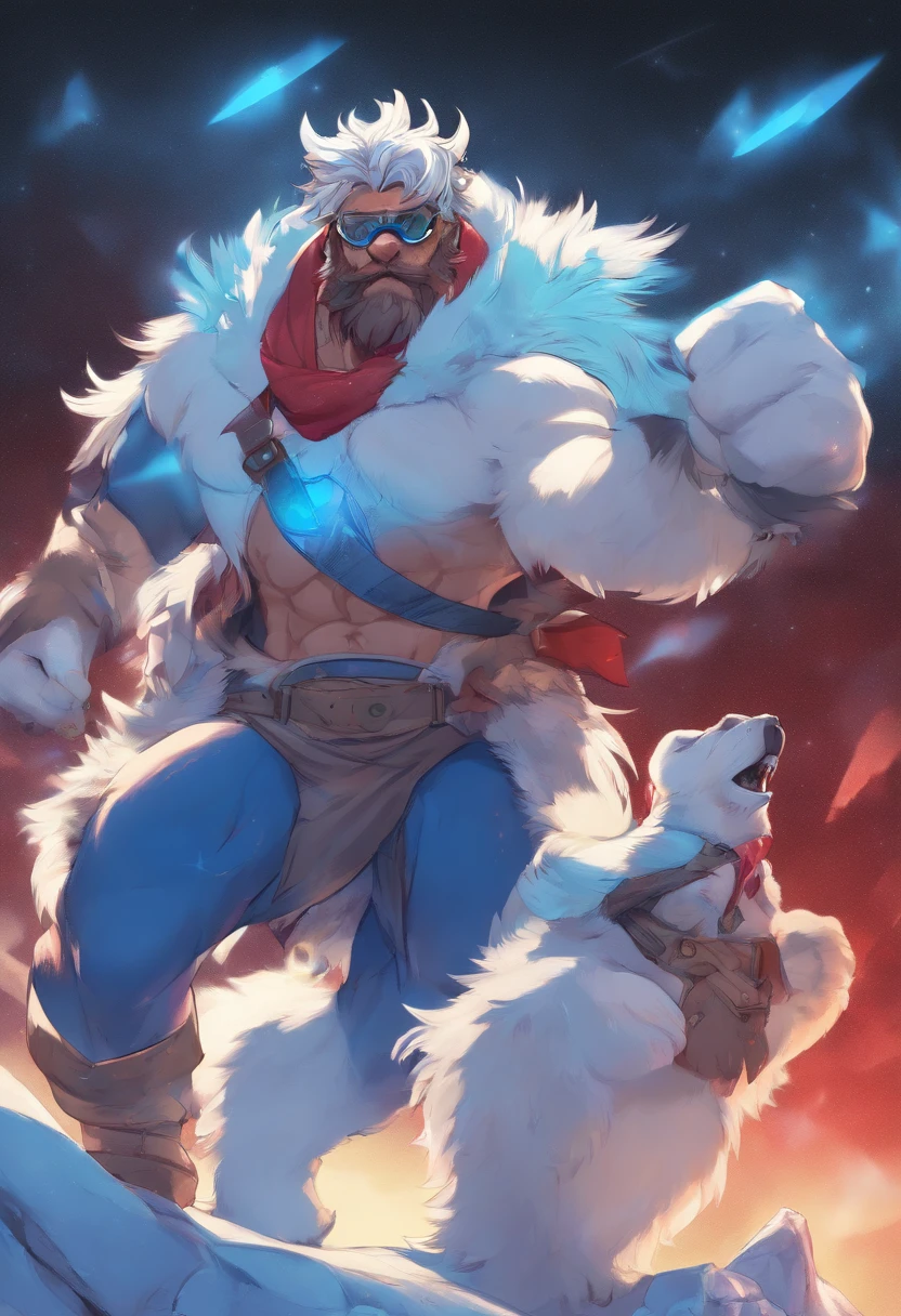 kemono, detailed, ultra realistic shading, 3d render, 8k quality, CG effect, furry artwork, furry fursona, furry character, male anthro polar bear, standing, solo, muscular, (((body builder))), male focus, big, (oiled fur), hairy chest, hairy body (((fur texture))), black nipple, blue eyes, correct eyes, detail eyes, (((mane hair))), middle-age, white body, (((blue boxer briefs))), underwear bulge, casual brown gloves, correct hand, (((wearing blue and white hiking goggles on the head))), Anchor Bracelet, ((red scarf)), facing to the viewer, smiling, Aurora borealis, arctic, night, starry night, masterpiece artwork, solo portrait, (((seduction))), (((seductive))), (((sexy)), (((sweating)), (((dominant)))