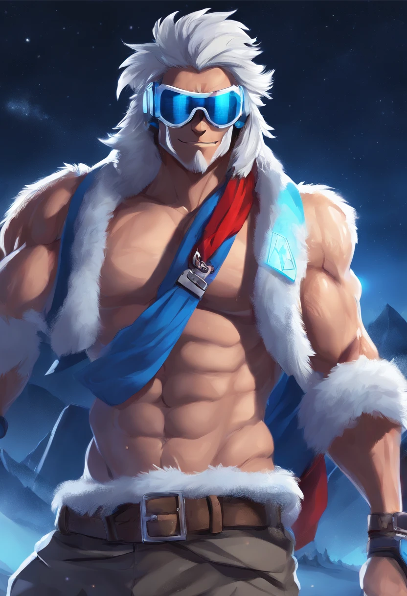kemono, detailed, ultra realistic shading, 3d render, 8k quality, CG effect, furry artwork, furry fursona, furry character, male anthro polar bear, standing, solo, muscular, (((body builder))), male focus, big, (oiled fur), hairy chest, hairy body (((fur texture))), black nipple, blue eyes, correct eyes, detail eyes, (((mane hair))), middle-age, white body, (((blue boxer briefs))), underwear bulge, casual brown gloves, correct hand, (((wearing blue and white hiking goggles on the head))), Anchor Bracelet, ((red scarf)), facing to the viewer, smiling, Aurora borealis, arctic, night, starry night, masterpiece artwork, solo portrait, (((seduction))), (((seductive))), (((sexy)), (((sweating)), (((dominant)))