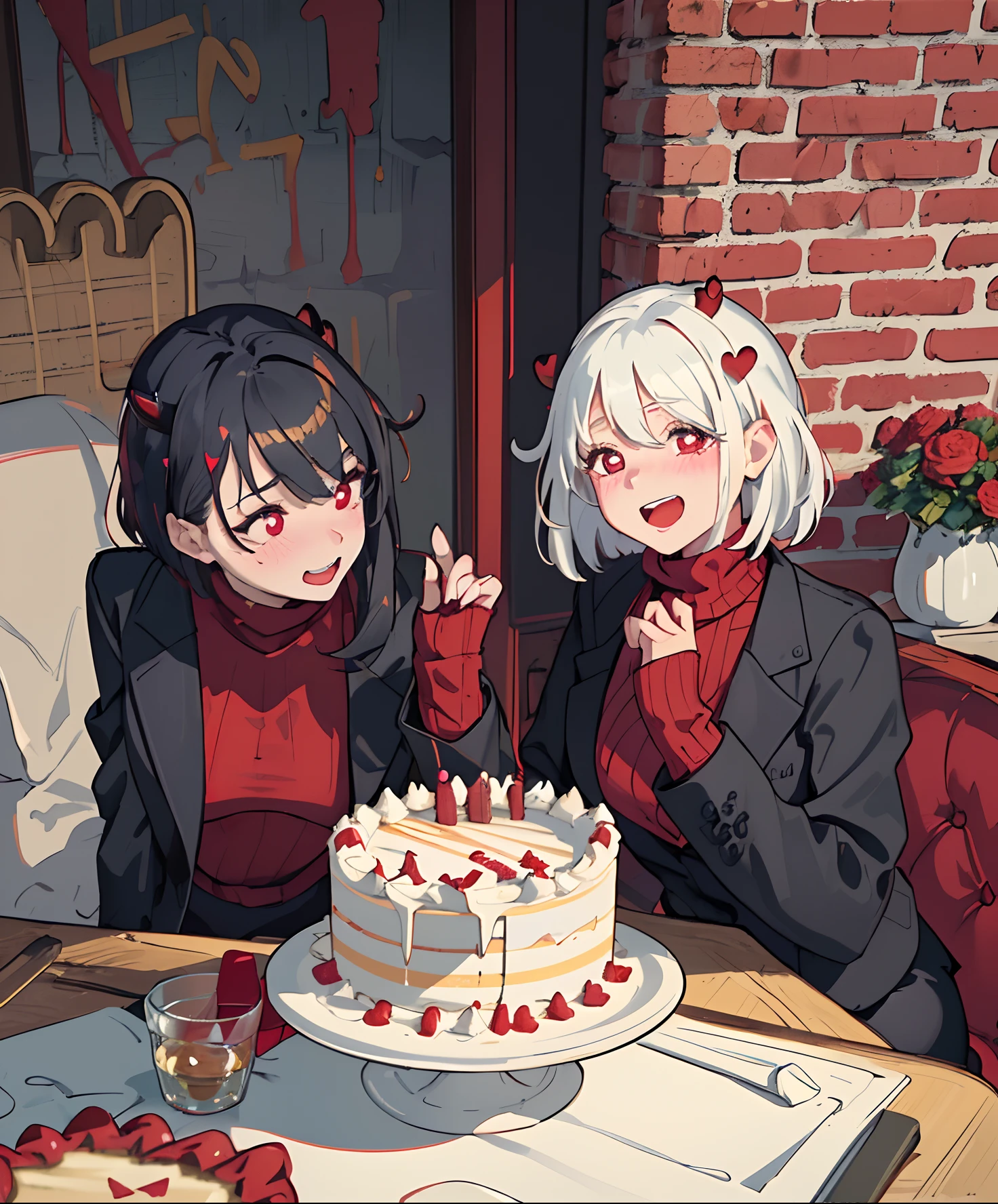 (masterpiece, best quality:1.2), cowboy shot, solo, 1girl, htmodeus, white medium short hair, happy, laughing, emotional, surprissed,open mouth, looking at the cake, heart-shaped pupils, formal, black jacket, red sweater, turtleneck, sleeves past wrists, black skirt, red pantyhose, birthday heat,