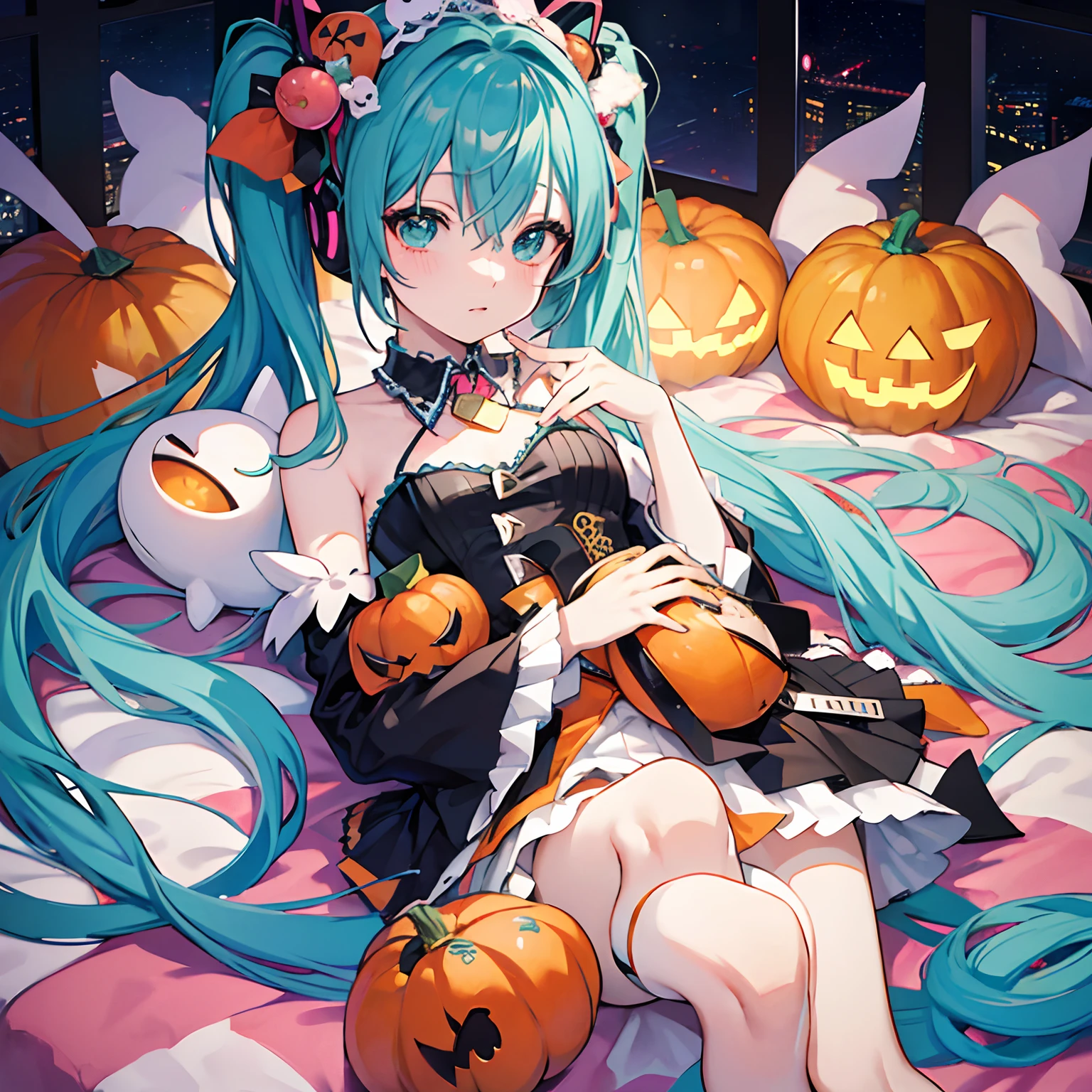 (top-quality、masutepiece)、miku hatsune、(((Delicat eyes)))、nightcity、Pumpkin Objects