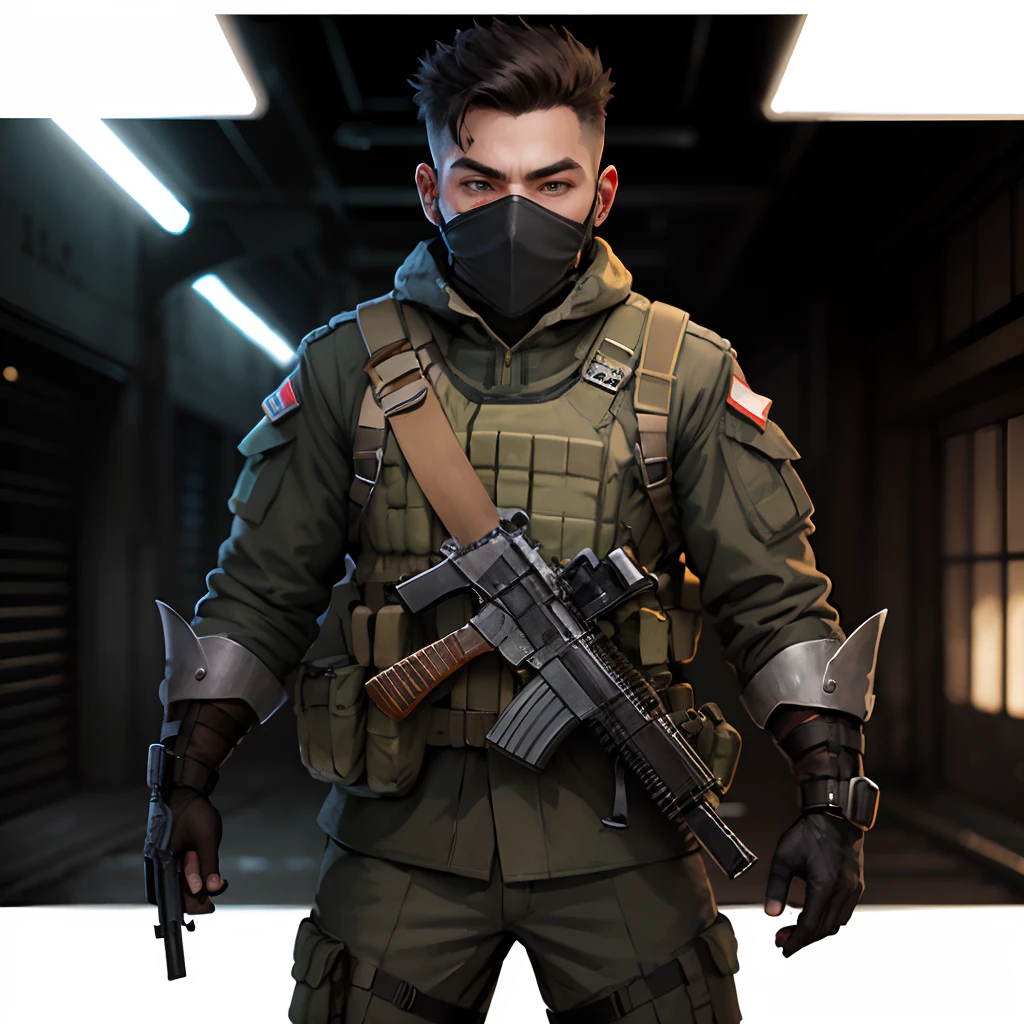 Hero in a soldier looking suit, armor and mask, and a gun, PNG background