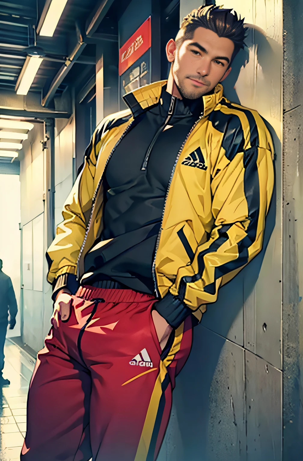 Best quality, Masterpiece, A high resolution, Detailed, Perfect anatomy,  Pechich, A 35-year-old male, tracktop jacket, Open jacket,,The upper part of the body，track pants，The crotch is raised