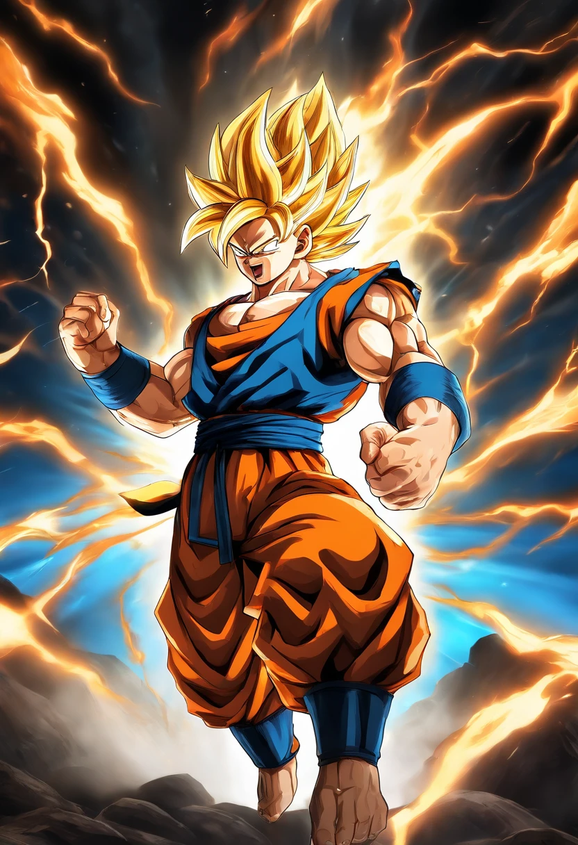 (highres,masterpiece:1.2),ultra-detailed,realistic Goku, powerful aura, intense battle, muscular physique, vibrant spiky hair, determined expression, vibrant colors, dynamic action pose, glowing energy aura, anime style, intense fighting scene, epic power level, super saiyan transformation, vibrant blue eyes, martial arts expert, flying motion, dramatic lighting, high-impact energy blasts, dramatic perspective, iconic orange/blue gi, fierce and focused, superhuman strength, explosive energy attacks, dynamic battle background, intense speed and agility