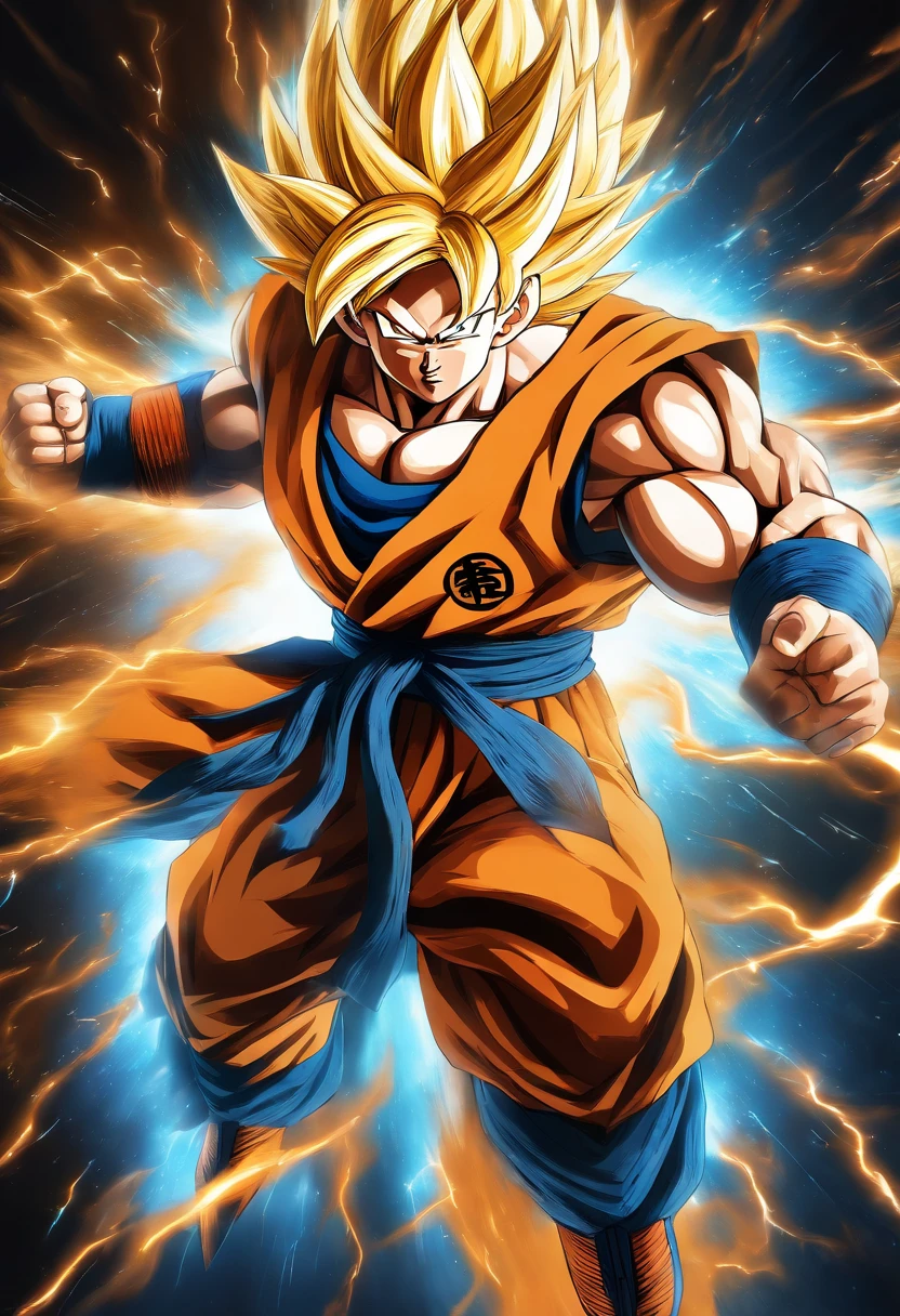 (highres,masterpiece:1.2),ultra-detailed,realistic Goku, powerful aura, intense battle, muscular physique, vibrant spiky hair, determined expression, vibrant colors, dynamic action pose, glowing energy aura, anime style, intense fighting scene, epic power level, super saiyan transformation, vibrant blue eyes, martial arts expert, flying motion, dramatic lighting, high-impact energy blasts, dramatic perspective, iconic orange/blue gi, fierce and focused, superhuman strength, explosive energy attacks, dynamic battle background, intense speed and agility