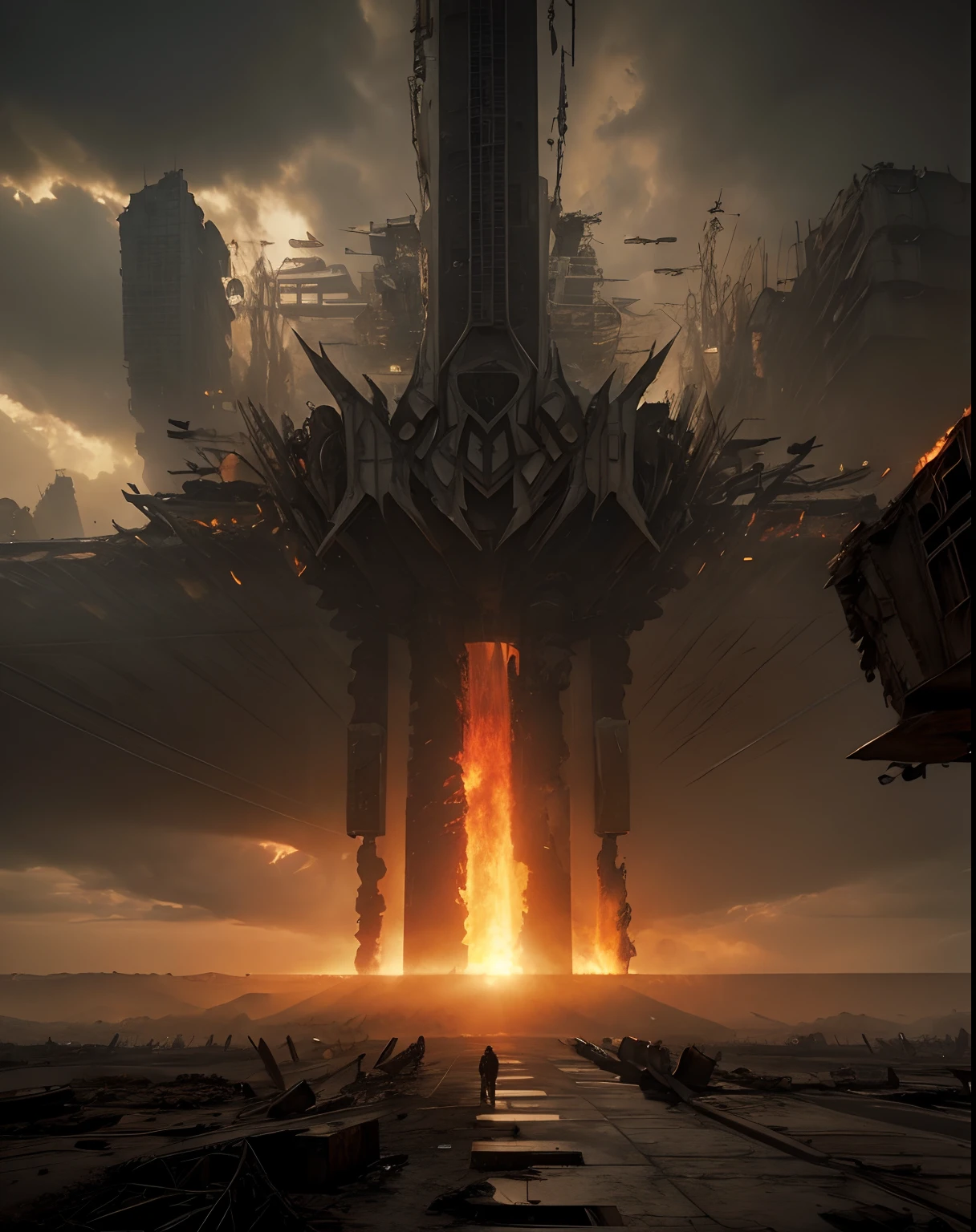 a ruined futuristic metropolis with collapsed buildings and fires while enemy bombers fly overhead, realistic, 4k, chaotic, apocalyptic