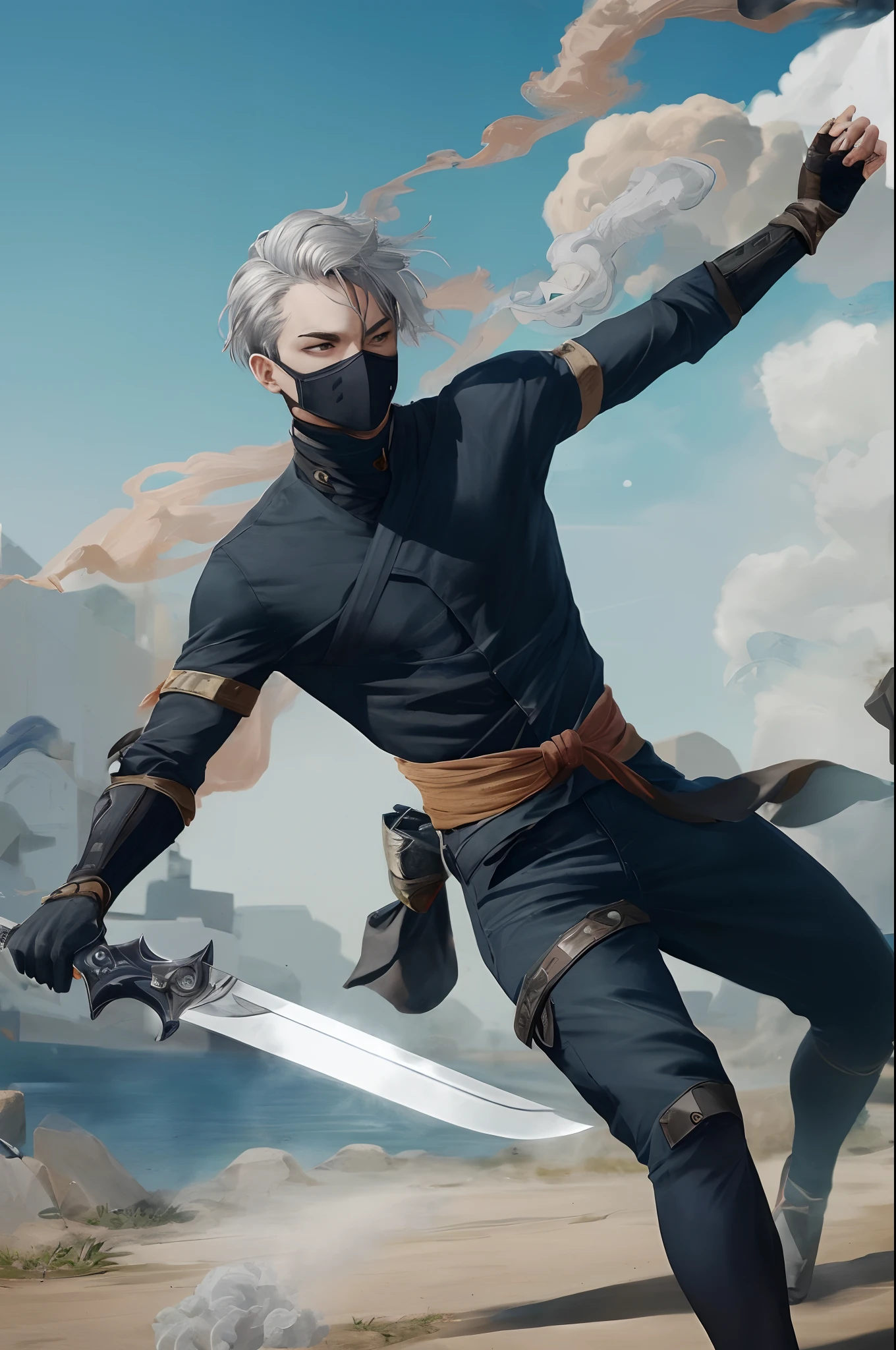 (masterpiece), (best quality), ninja boy style, a lot of sword, grey hair, design mask, fast movement, smoke bomb