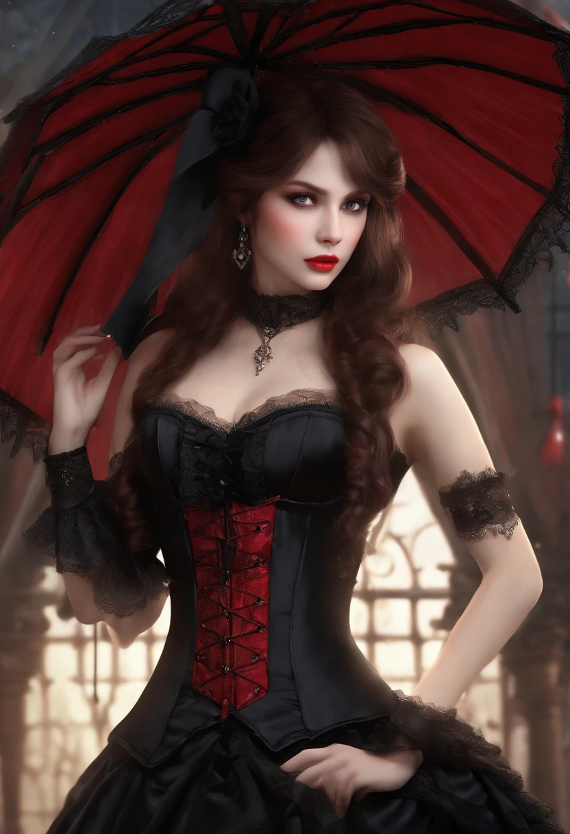 high resolution, highest quality, super high quality, super detail, ultra realistic, photorealistic, anime, illustration, fantasy, Victorian style, super hot vampire, mysterious, enchanting, red eyes, long hair with bangs, black hair with red streaks, perfect proportion, full body, corset and long sexy skirt and lacy black parasol, background Victorian gothic mansion