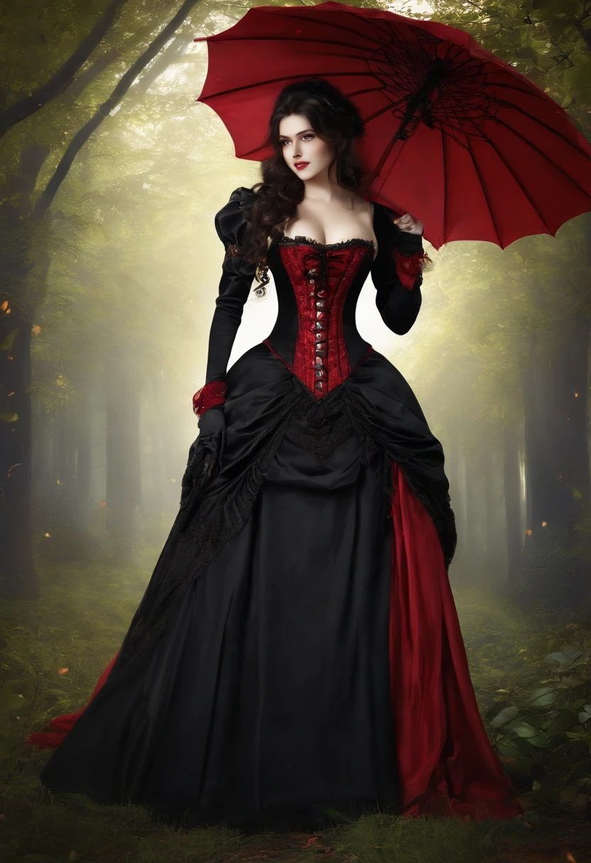 high resolution, highest quality, super high quality, super detail, ultra realistic, photorealistic, anime, illustration, fantasy, Victorian style, super hot vampire, mysterious, enchanting, red eyes, long hair with bangs, black hair with red streaks, perfect proportion, full body, corset and long sexy skirt and lacy black parasol, background Victorian gothic mansion