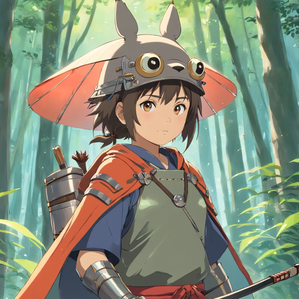 Totoro，The whole body is covered in armor , Bow and arrow in hand，bow and arrows，Wears samurai armor on his head，NOWAI，No Man，No one appears