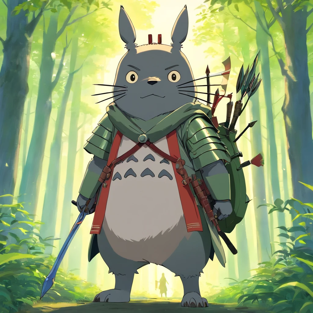 Totoro，The whole body is covered in armor , Bow and arrow in hand，bow and arrows，Wears samurai armor on his head，NOWAI，No Man，No one appears