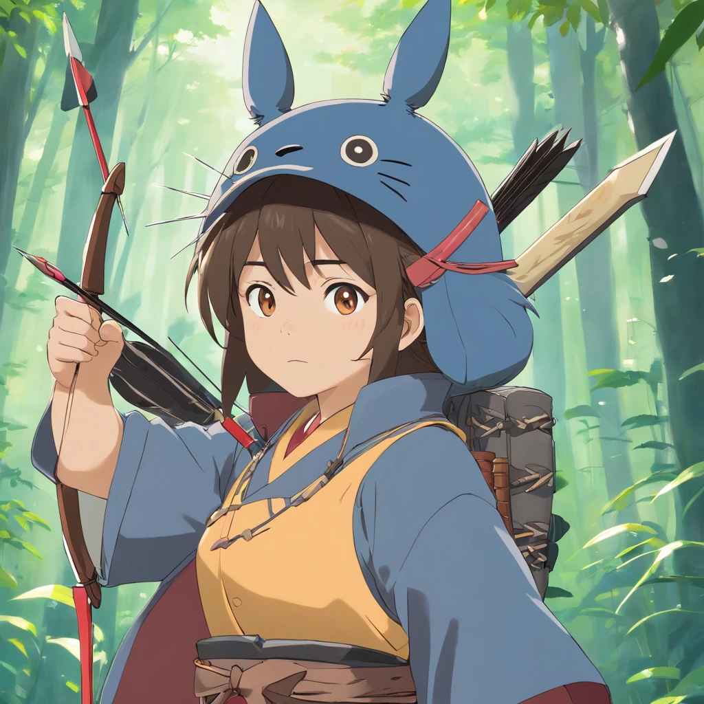 Totoro,The whole body is covered in armor , Bow and arrow in hand,bow and arrows,Wears samurai armor on his head,NOWAI,No Man,No one appears