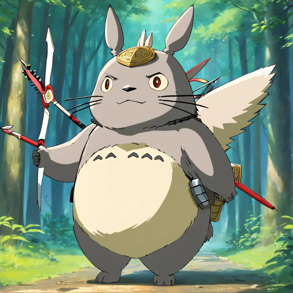 Totoro,The whole body is covered in armor , Bow and arrow in hand,bow and arrows,Wears samurai armor on his head,NOWAI,No Man,No one appears