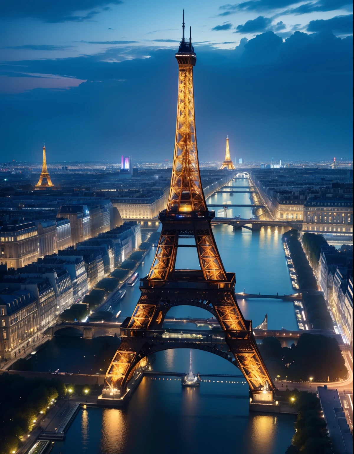 (Masterpiece, premier quality, Best quality, beautiful and aesthetic:1.2), "Create an impressive image of the Eiffel Tower illuminated at night, avec des reflets scintillants sur la Seine, capturant la magie de Paris.