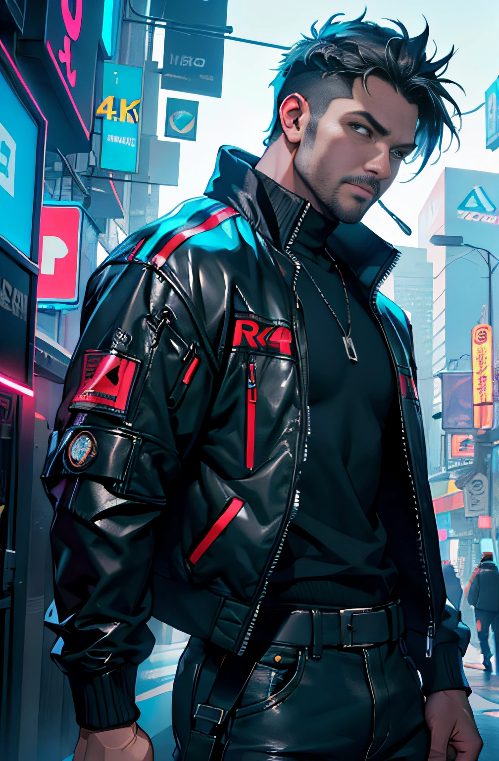 (best quality,4k,8k,highres,masterpiece:1.2),ultra-detailed,35-year-old man,sports jacket,open jacket,upper body,motorized pants,noticeable raised hips,cyberpunk,vivid colors,sharp focus,studio lighting.