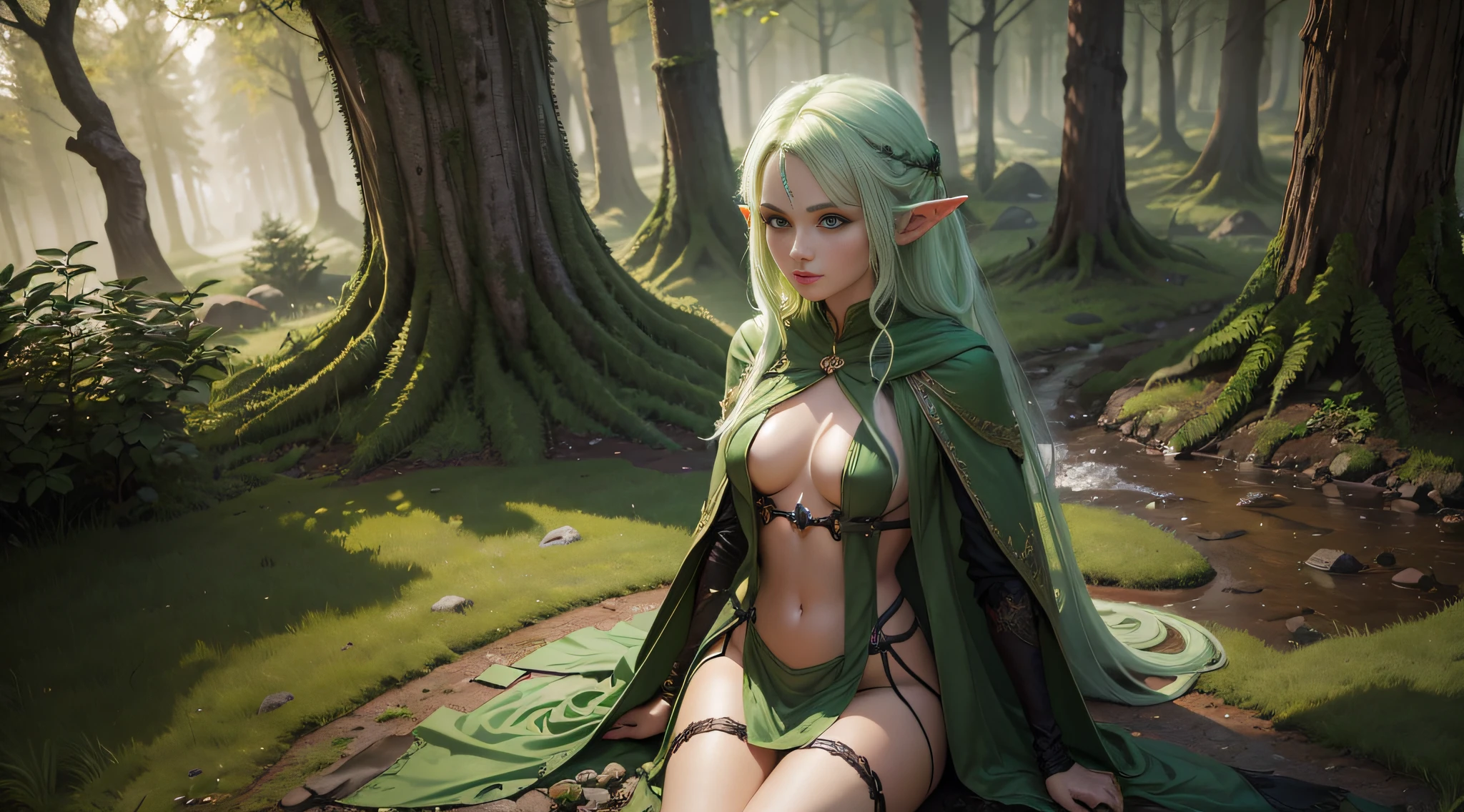 A female elf，forest，Long light green hair，Dark green eyes，Broken robes，spread their legs