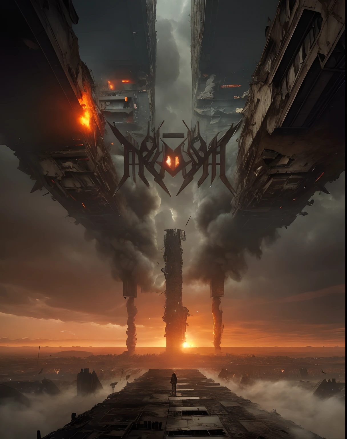 a ruined futuristic metropolis with collapsed buildings and fires while enemy bombers fly overhead, realistic, 4k, chaotic, apocalyptic
