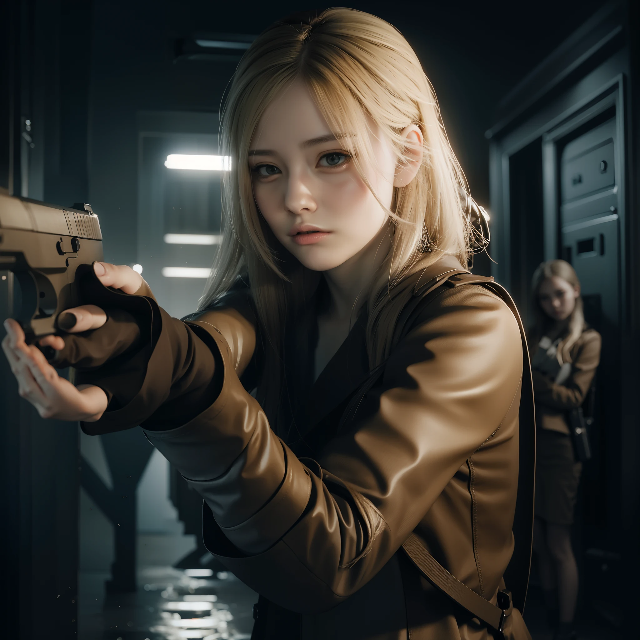 Perfect female, beautiful face, long blonde hair, holding a gun