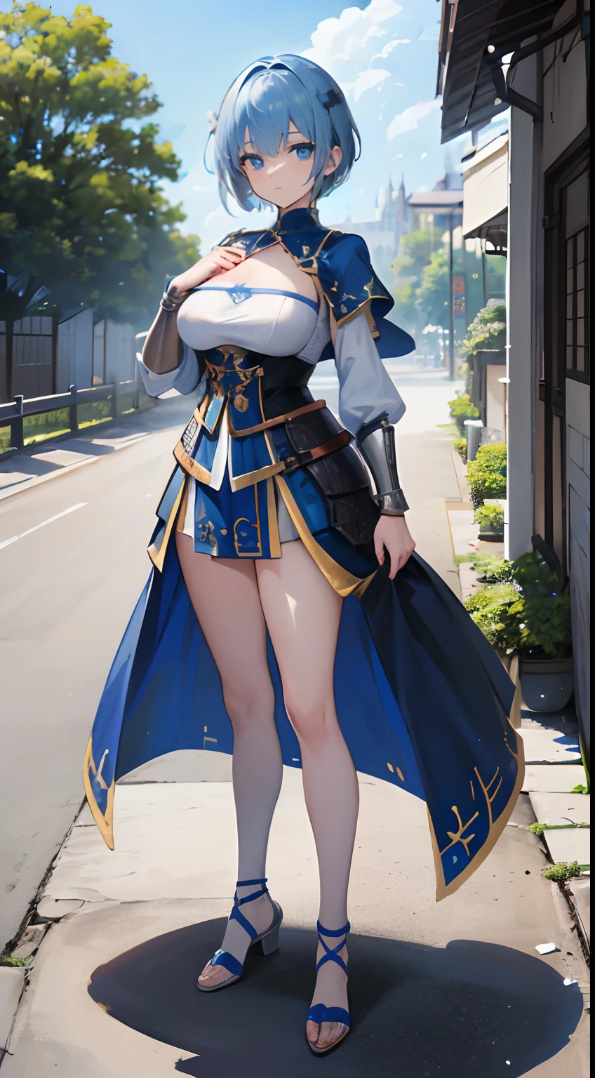 Solo,Absurd resolution、hight resolution、(masterpiece:1.4)、ultra-detailliert、(Detailed finger),(One girl)、Beautiful detailed girl、A detailed face、clear and beautiful, Character as the main point of view, Radiant skin, Girls, femele, 年轻, (blue hairs),(shorth hair),(short-cut),(Shortcut Hair),(blue eyess)kawaii、beautiful countenance、beautidful eyes,((Knights))、Fantasy costume,Original Character,((Wearing armor)),((Costumes of medieval Europe)),,(Colossal tits:1), (thighs thighs thighs thighs:0.8),(Facing:1.2),(Full body portrait),(Standing:1.3),(shoes on),Simple background、((white backgrounid)), Female Warrior